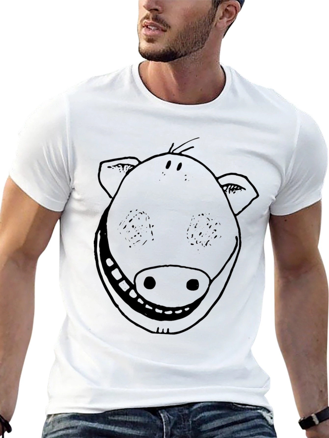 Smiling Pig Face Graphic Tee - Black Cotton T-Shirt