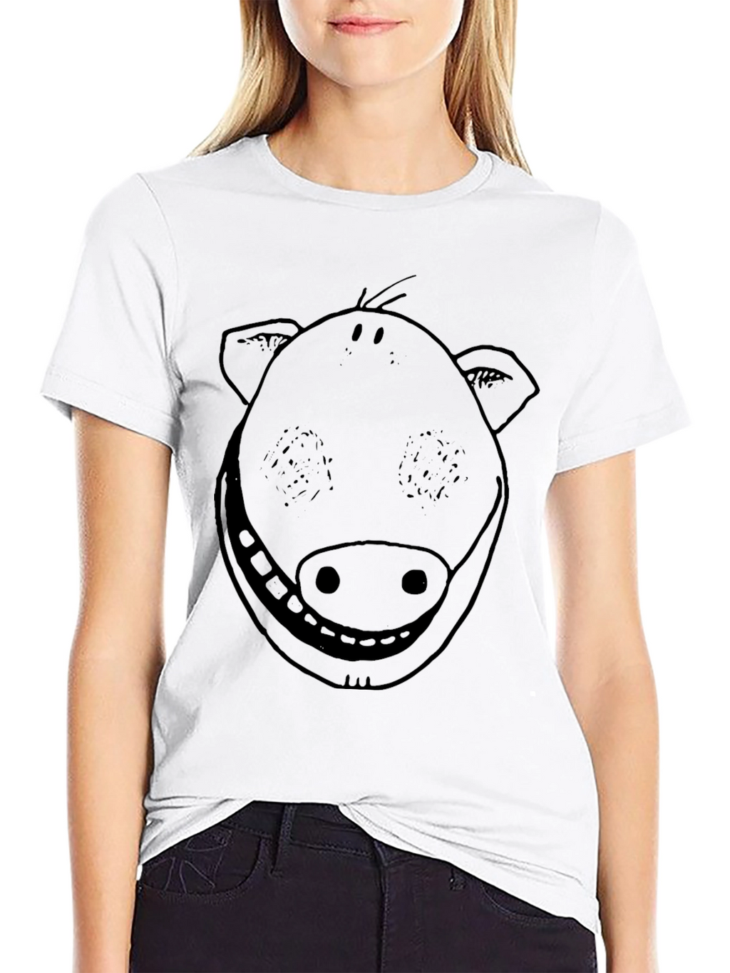 Smiling Pig Face Graphic Tee - Black Cotton T-Shirt