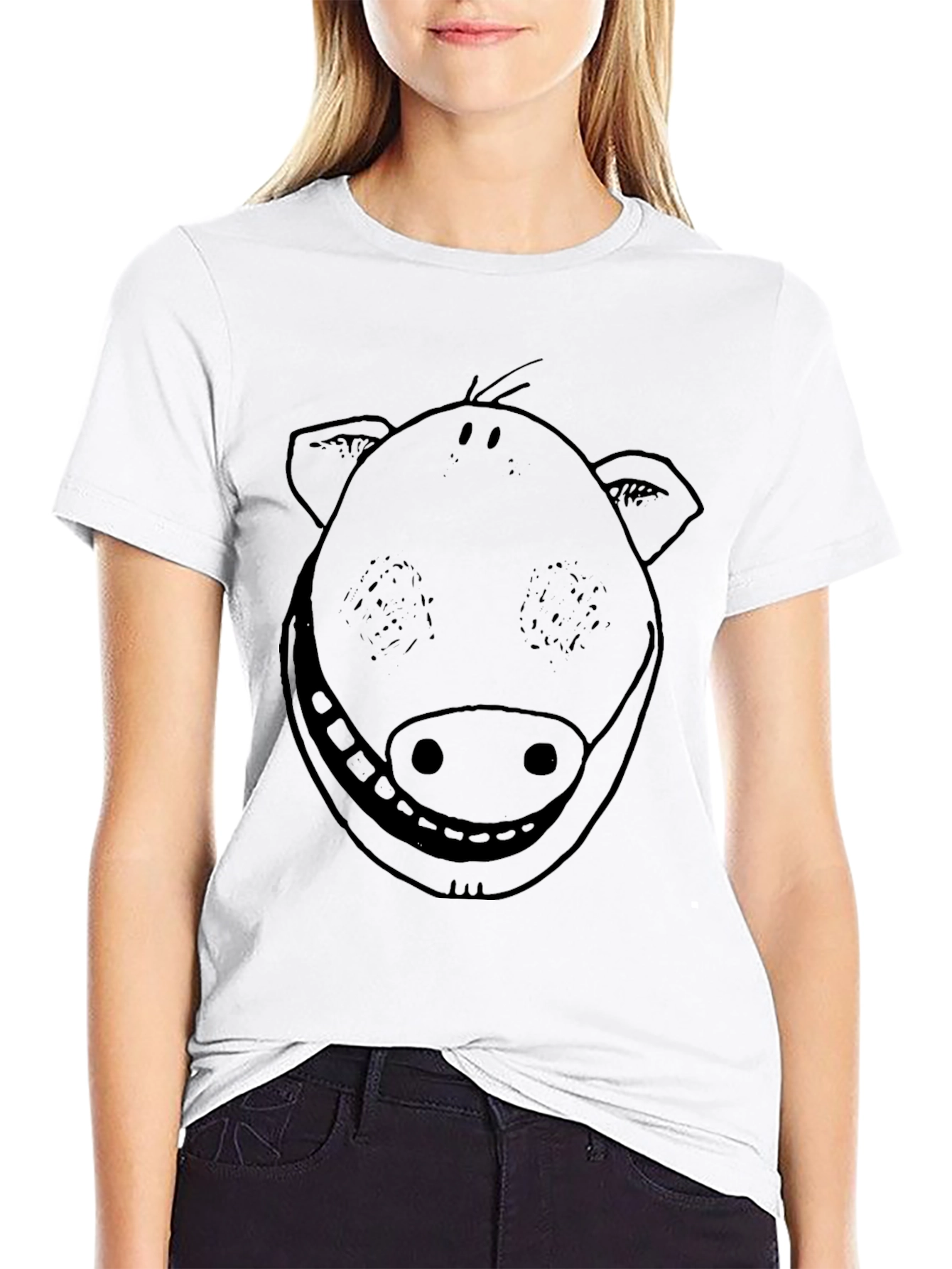 Smiling Pig Face Graphic Tee - Black Cotton T-Shirt