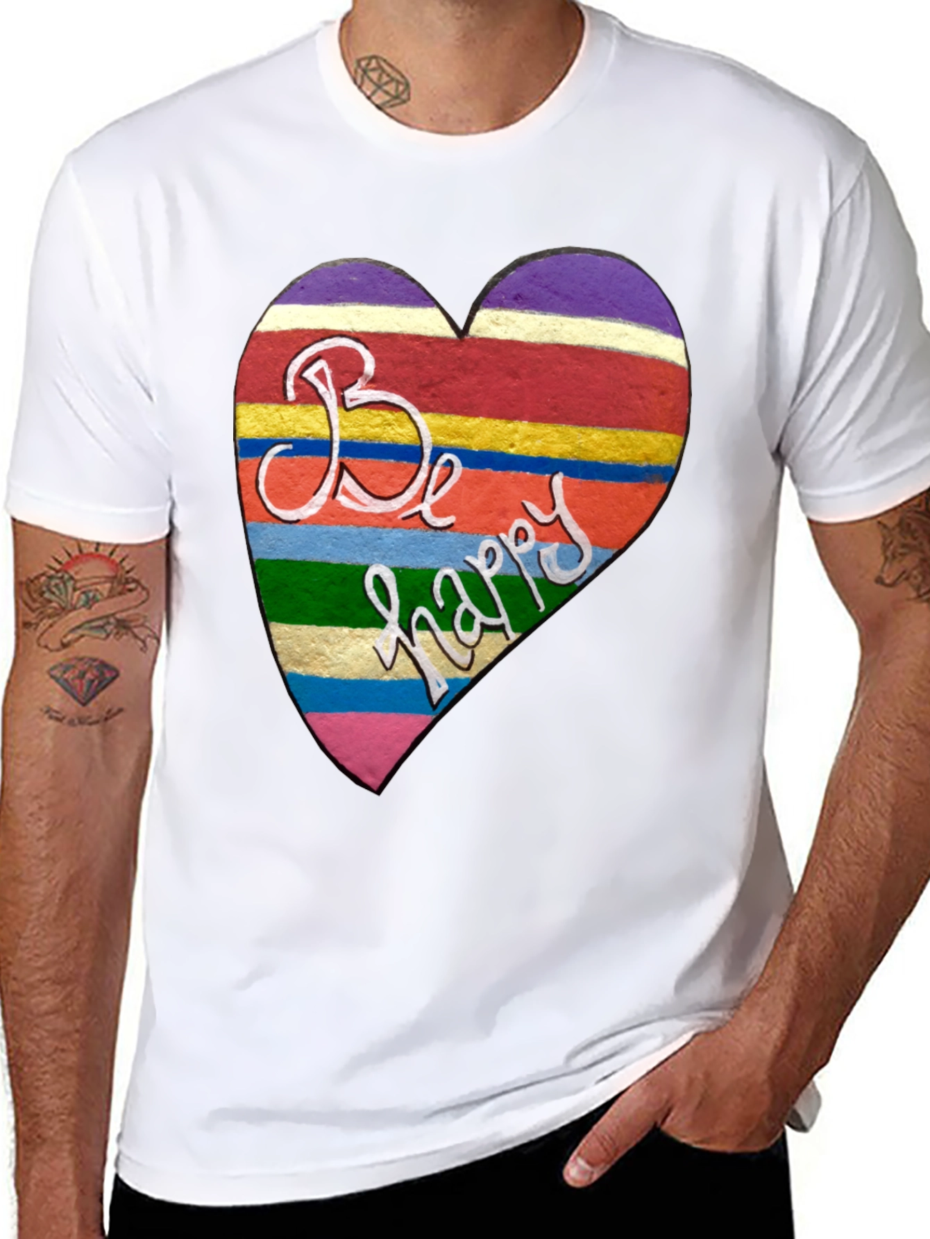 Be Happy Heart Stripe Graphic Tee - Unisex