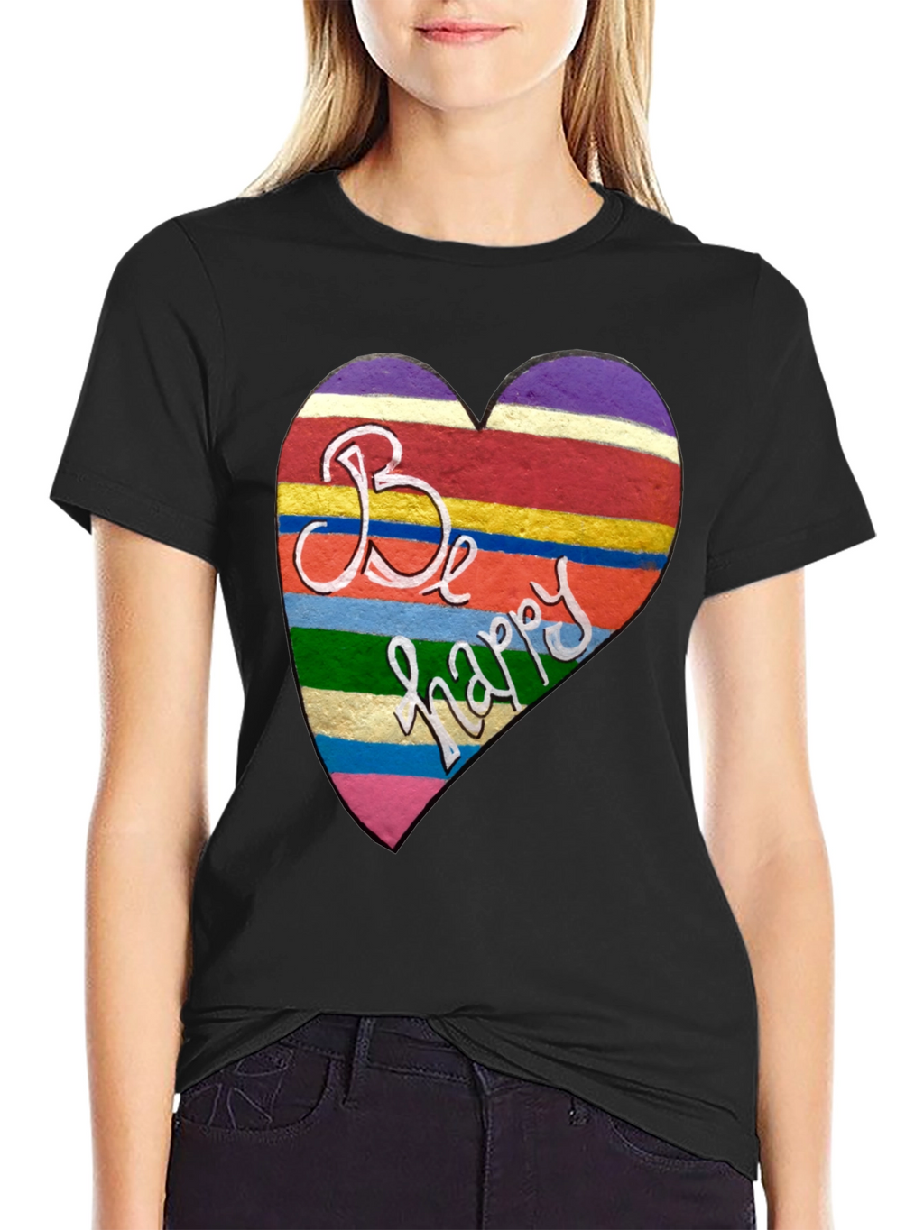 Be Happy Heart Stripe Graphic Tee - Unisex