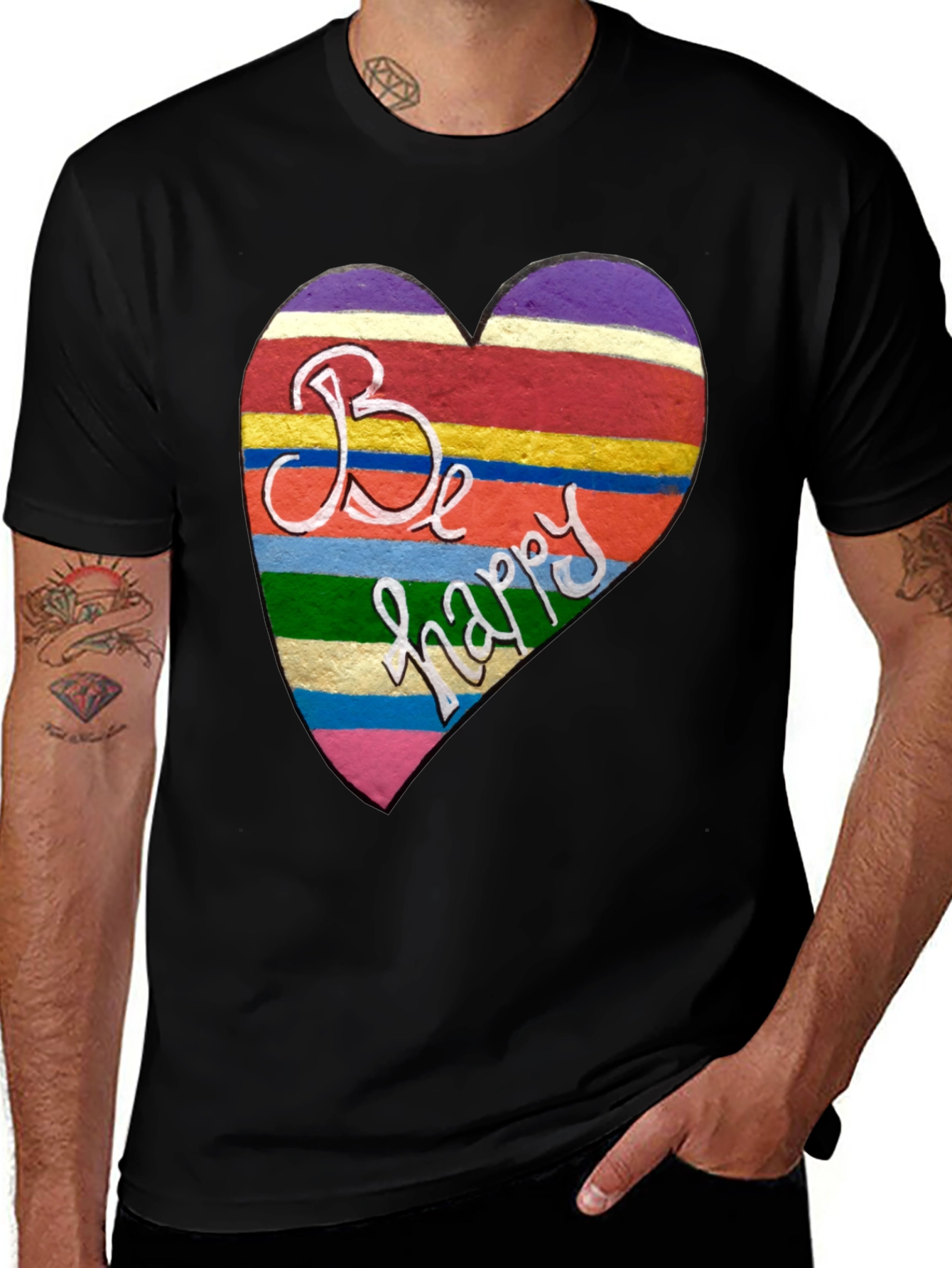 Be Happy Heart Stripe Graphic Tee - Unisex