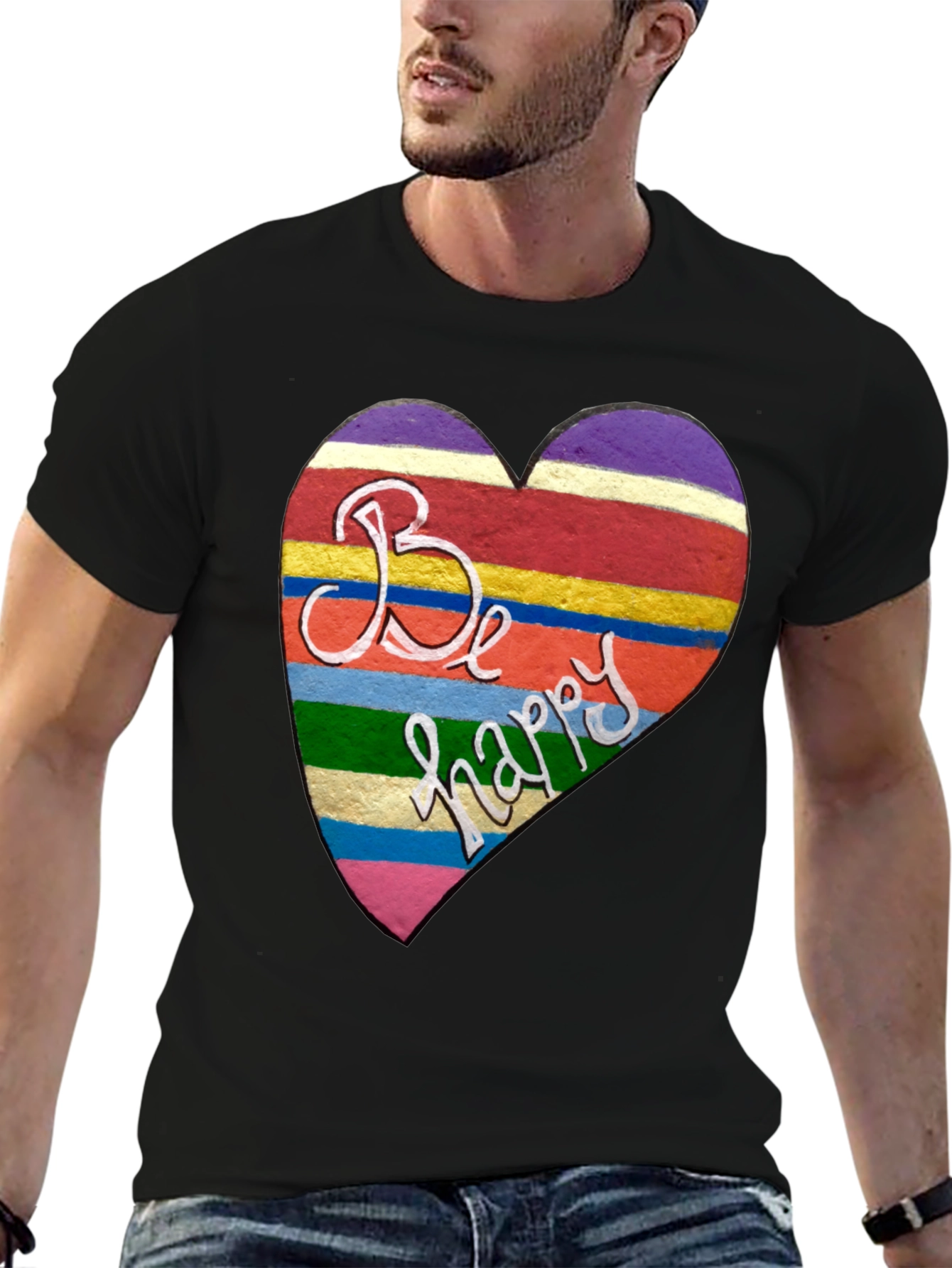 Be Happy Heart Stripe Graphic Tee - Unisex