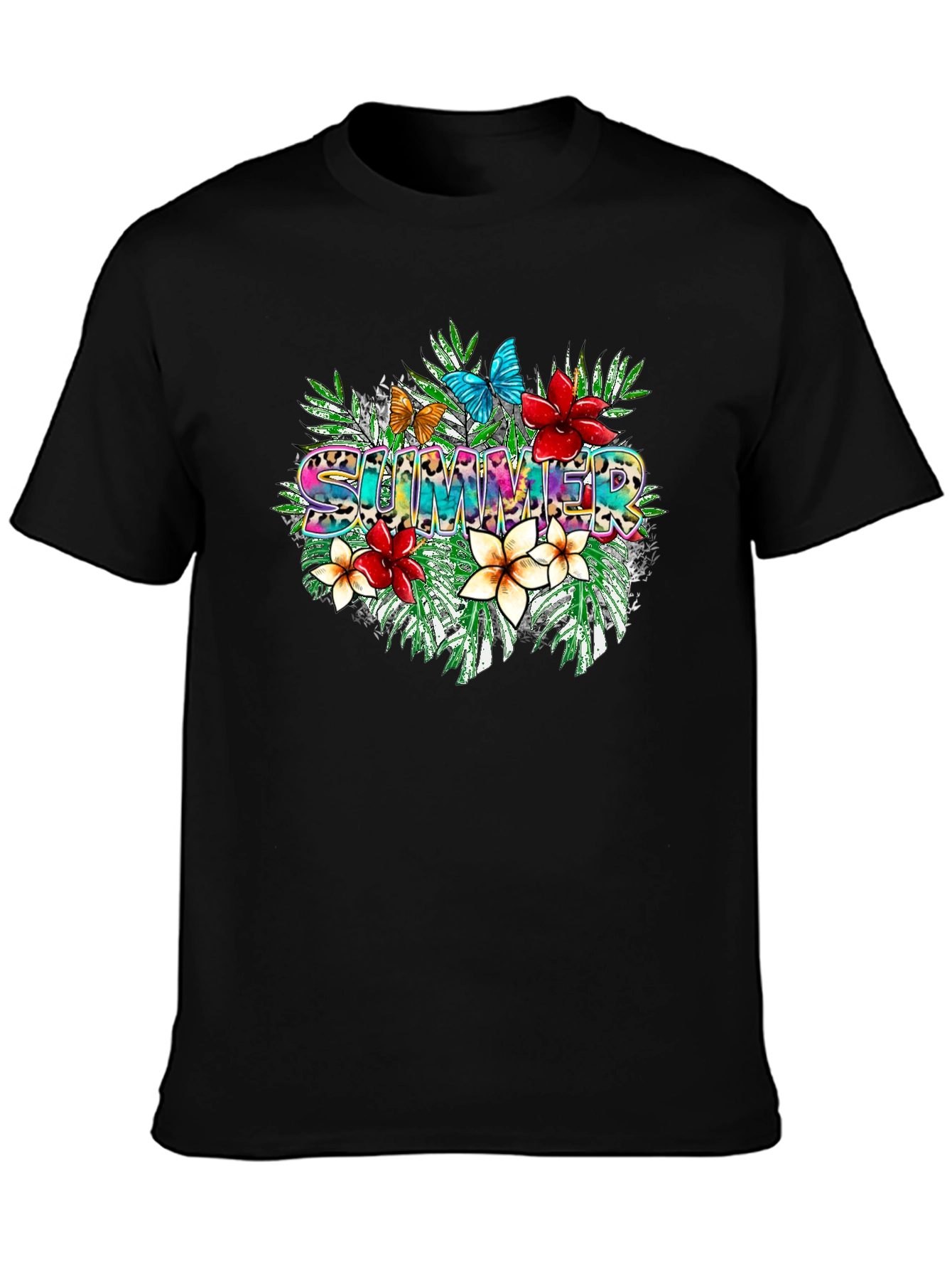 Tropical Summer T-Shirt with Floral and Butterfly Design
