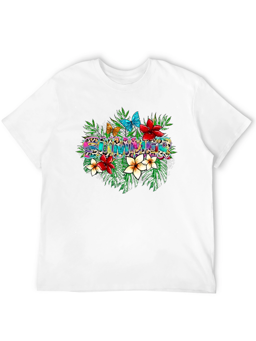 Tropical Summer T-Shirt with Floral and Butterfly Design