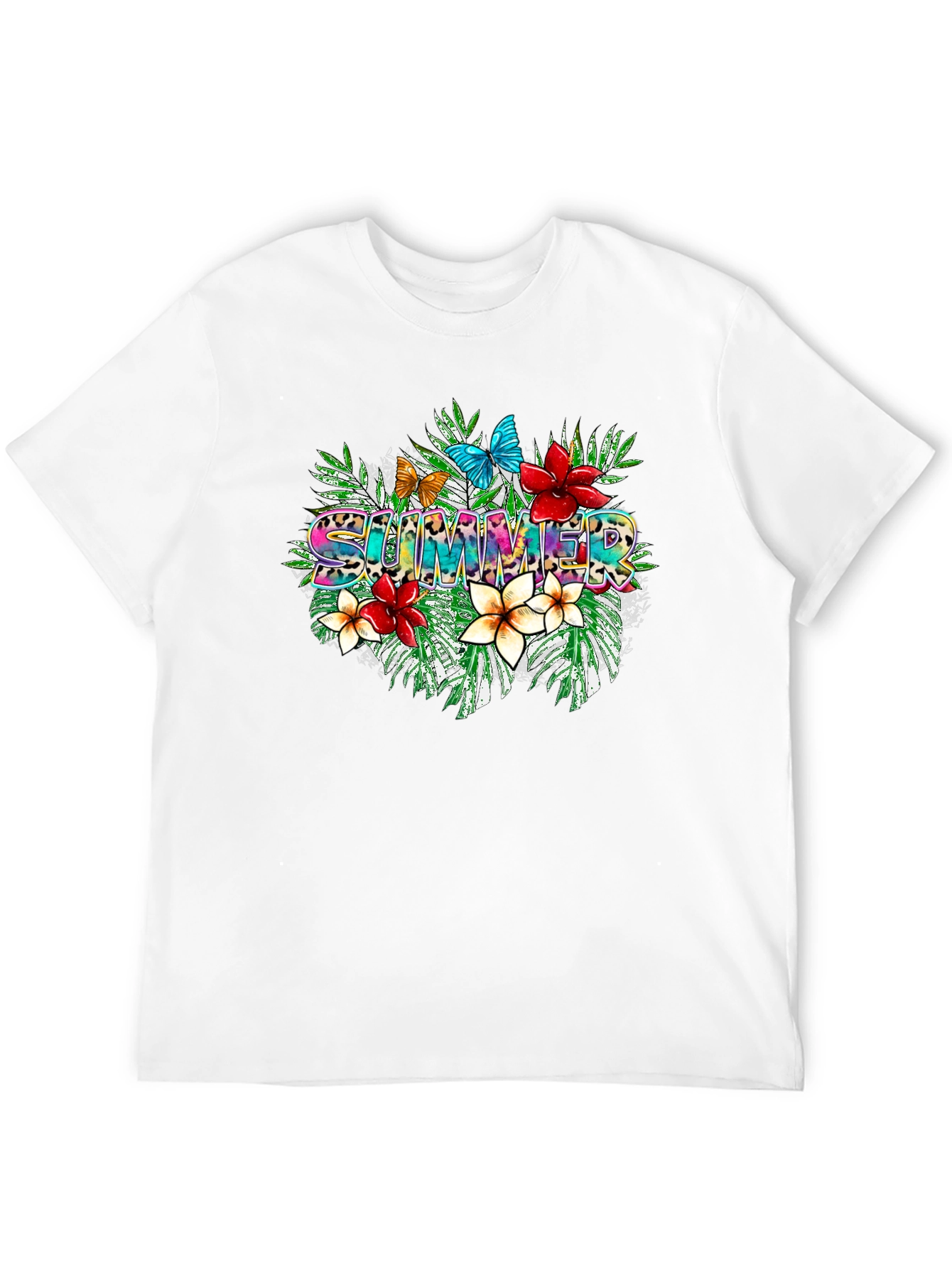 Tropical Summer T-Shirt with Floral and Butterfly Design