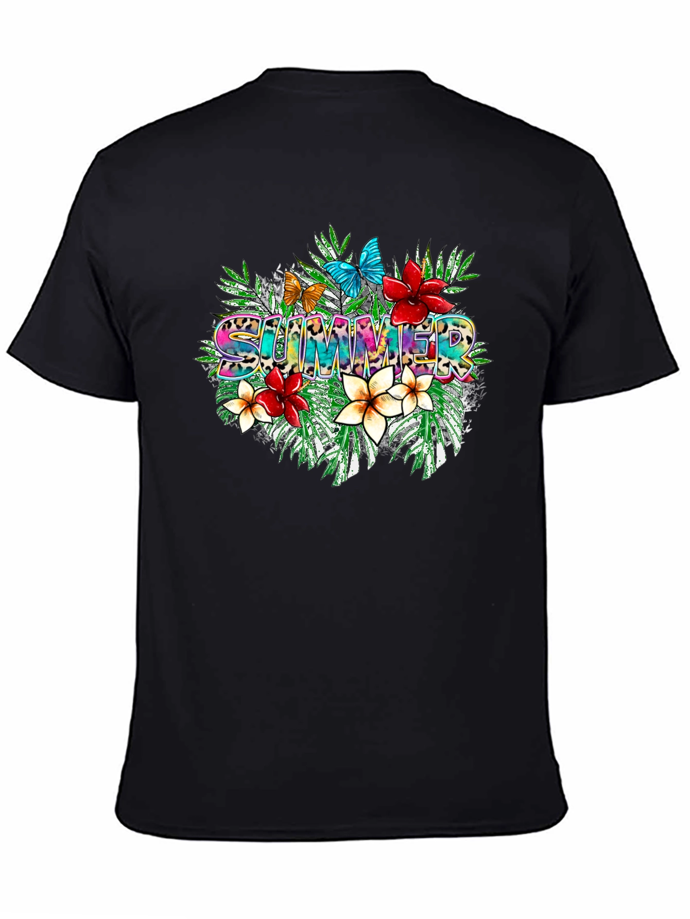 Tropical Summer T-Shirt with Floral and Butterfly Design