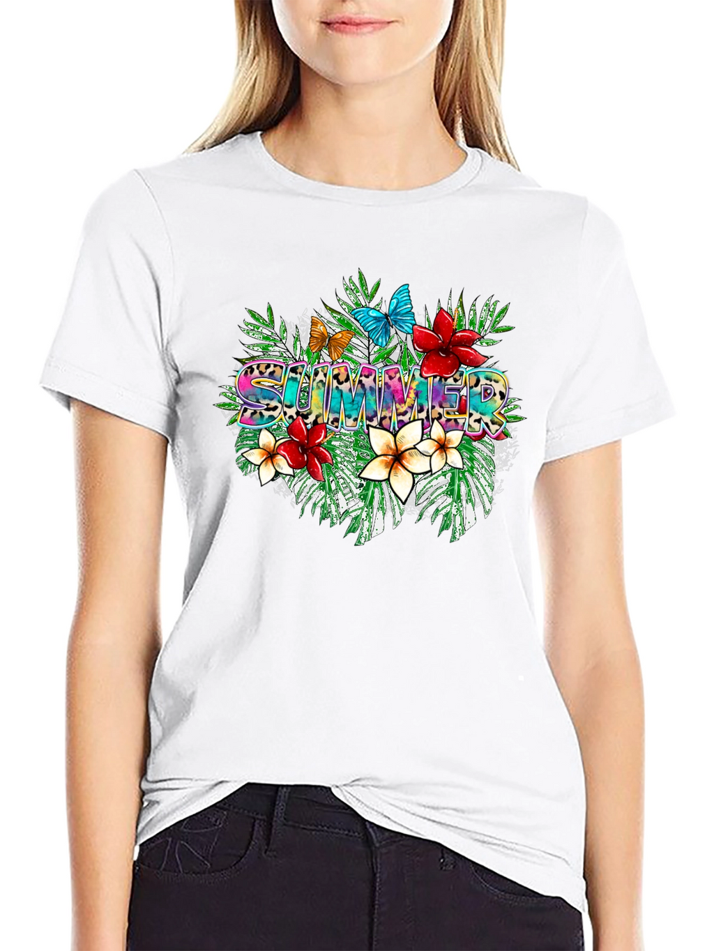 Tropical Summer T-Shirt with Floral and Butterfly Design