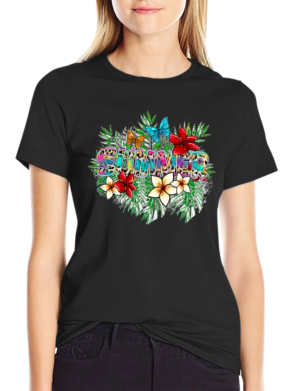 Tropical Summer T-Shirt with Floral and Butterfly Design