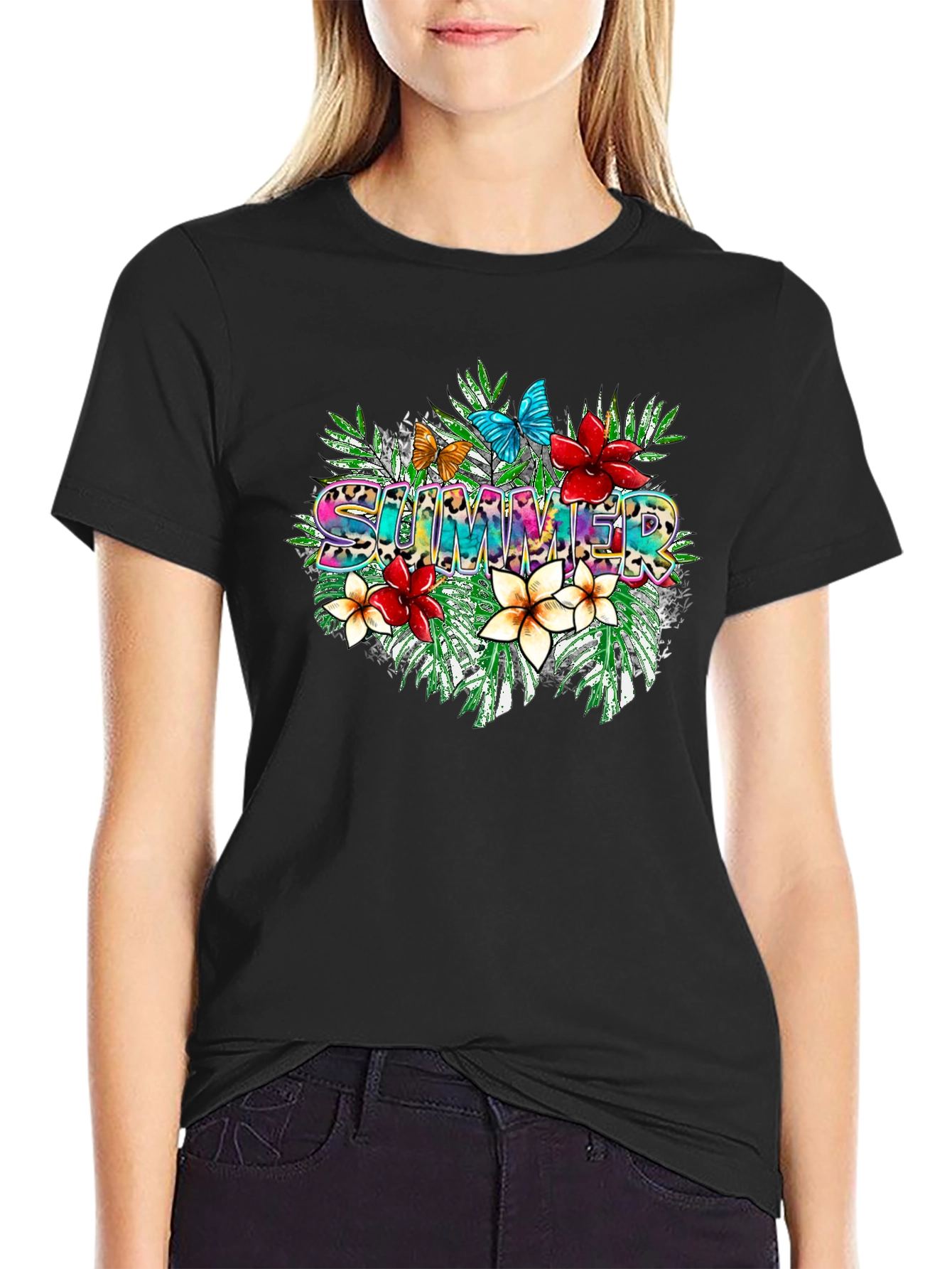 Tropical Summer T-Shirt with Floral and Butterfly Design
