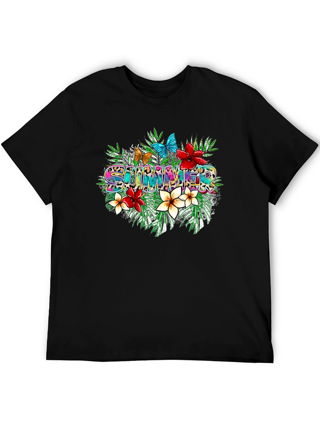 Tropical Summer T-Shirt with Floral and Butterfly Design