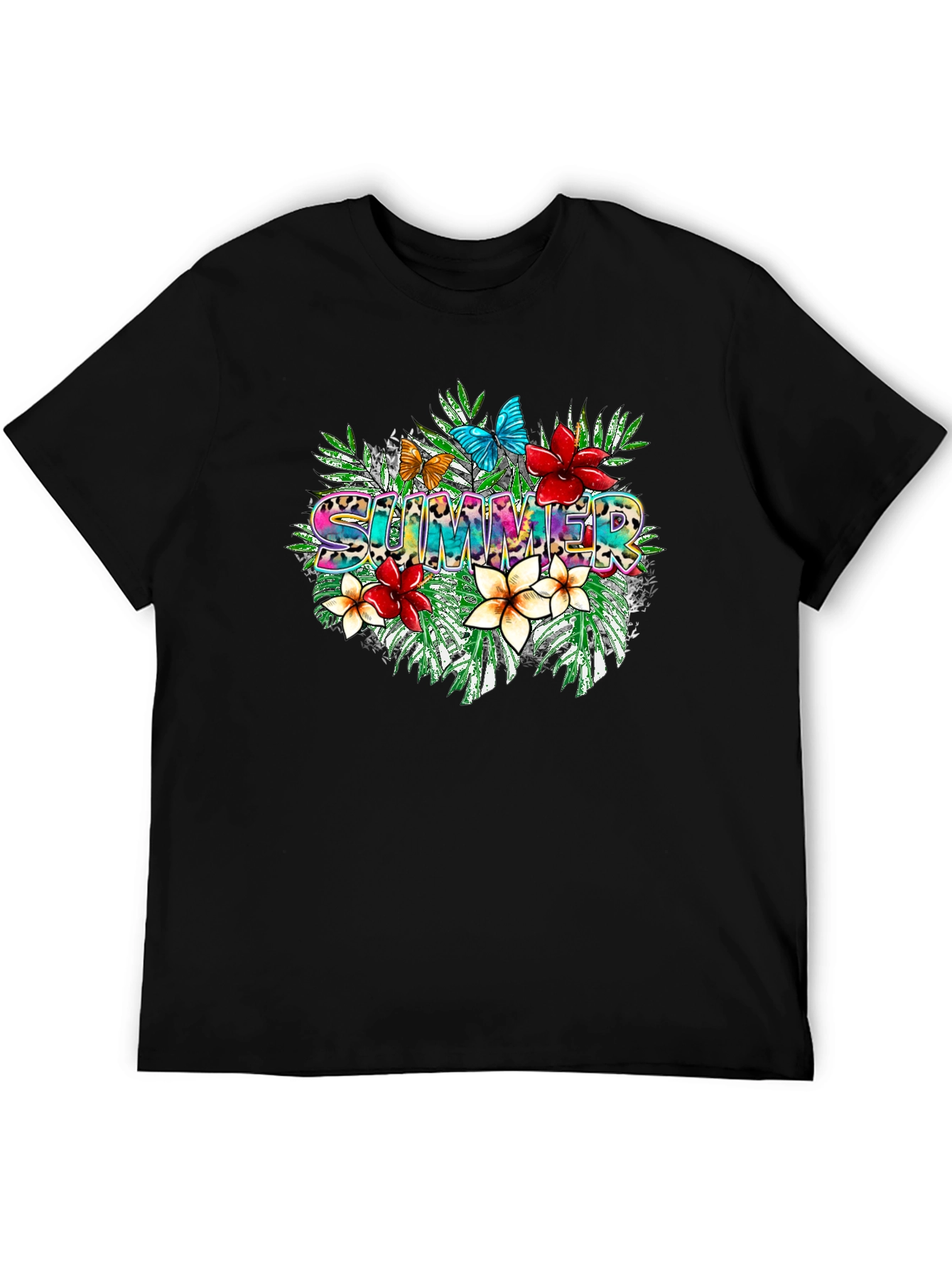 Tropical Summer T-Shirt with Floral and Butterfly Design