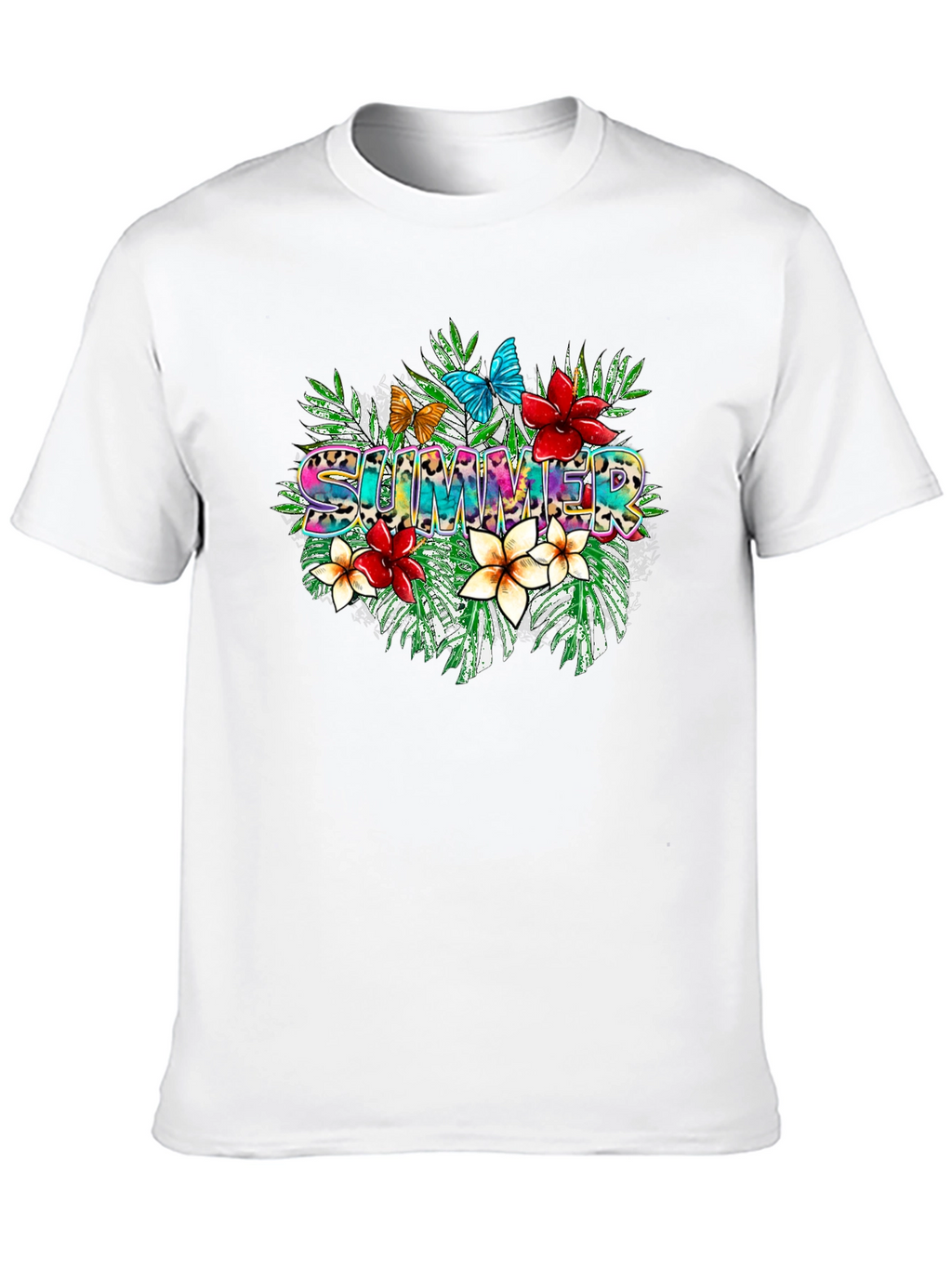 Tropical Summer T-Shirt with Floral and Butterfly Design