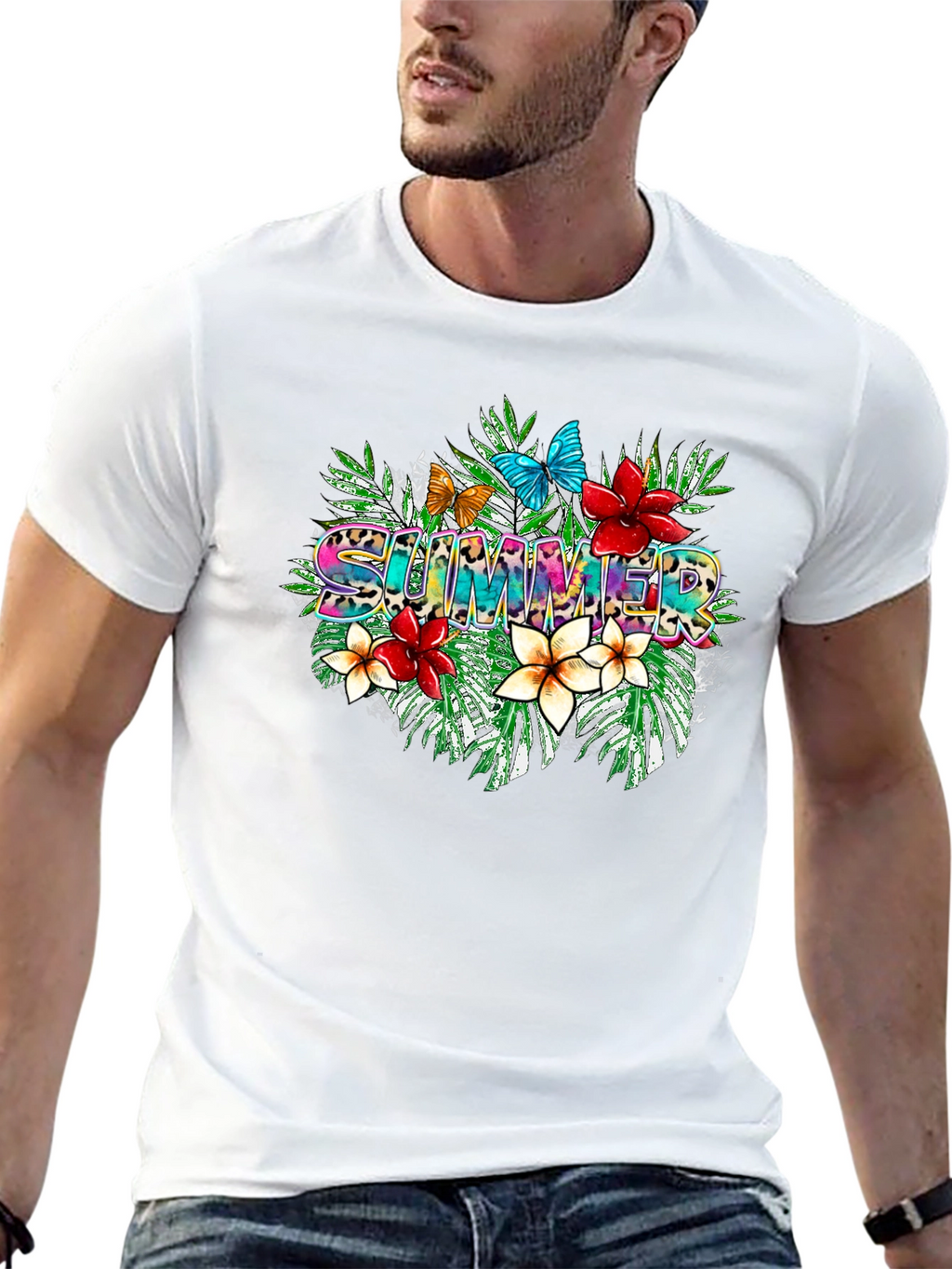 Tropical Summer T-Shirt with Floral and Butterfly Design