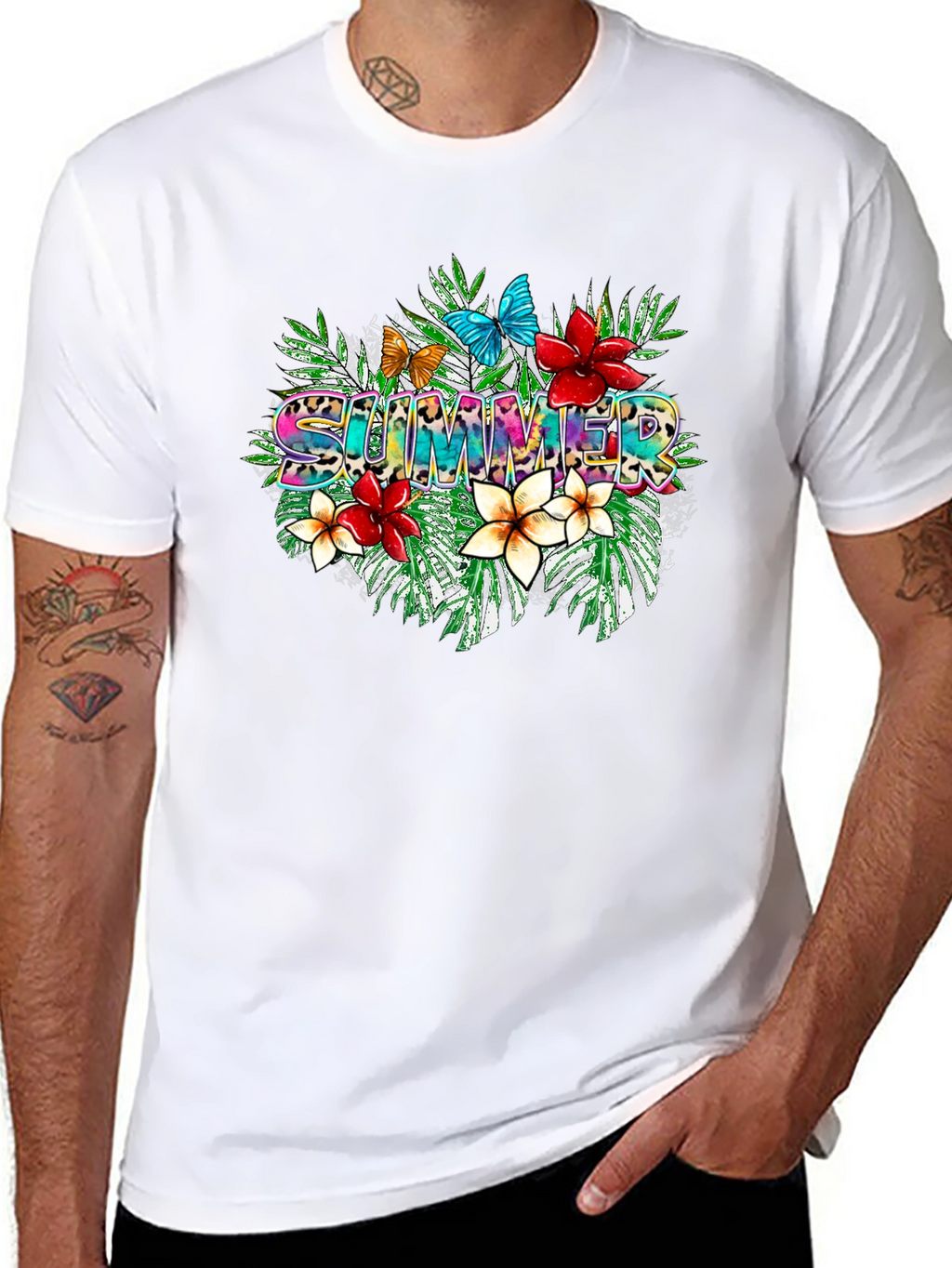 Tropical Summer T-Shirt with Floral and Butterfly Design