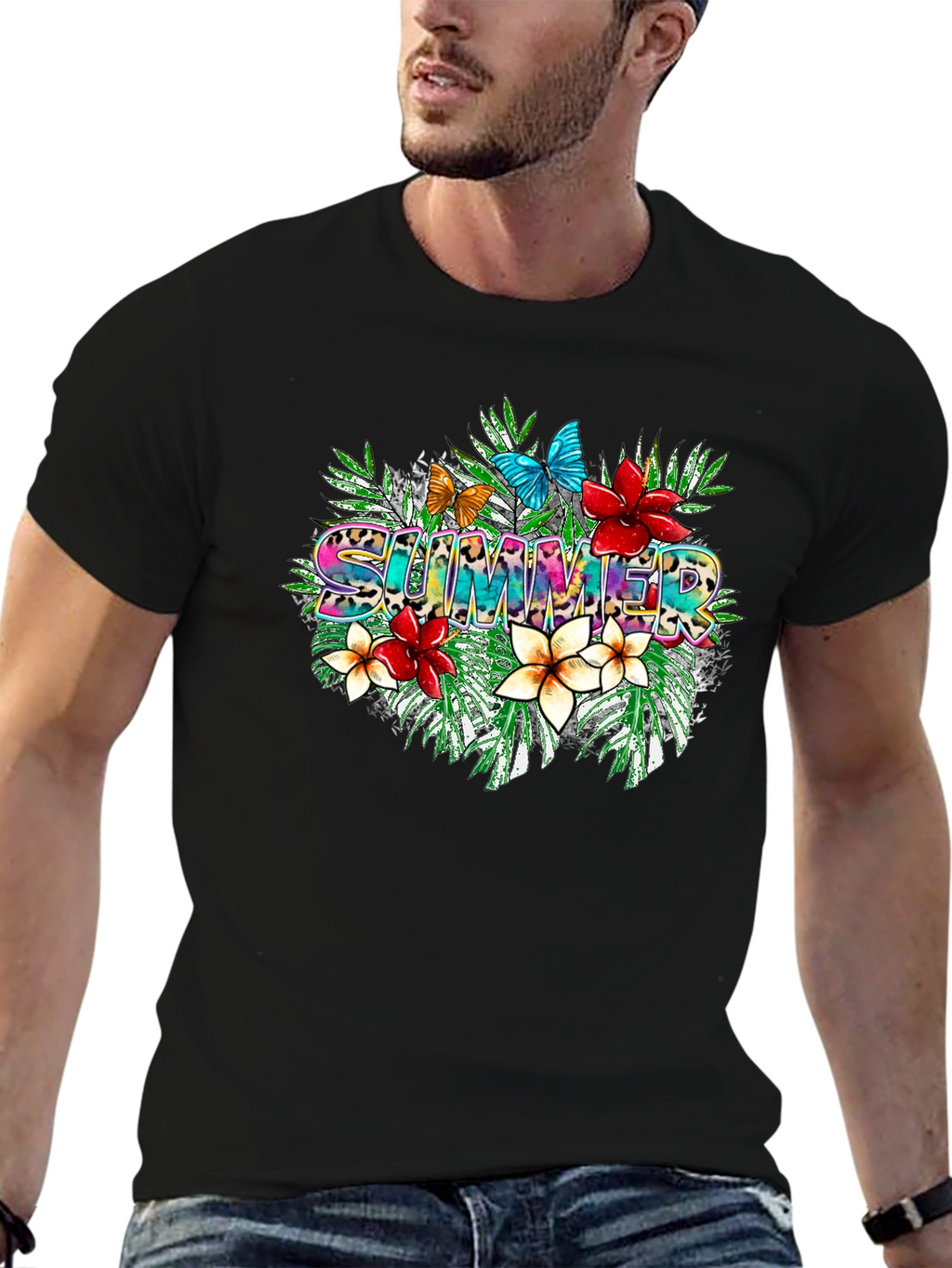 Tropical Summer T-Shirt with Floral and Butterfly Design