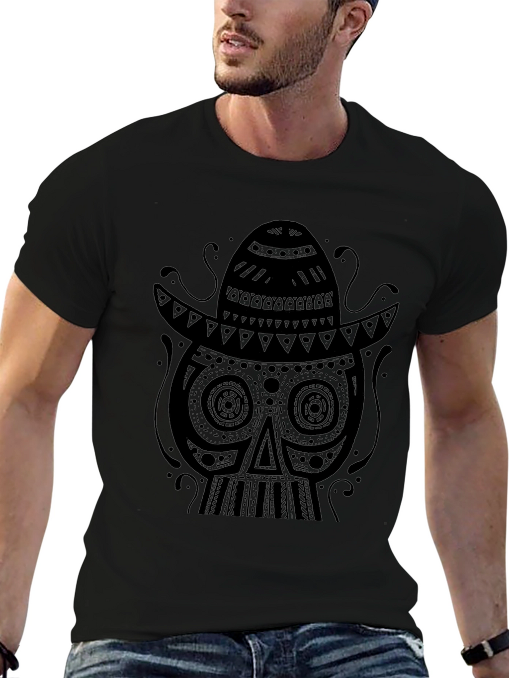 Black Skull Sombrero Graphic Tee - Mens Fashion