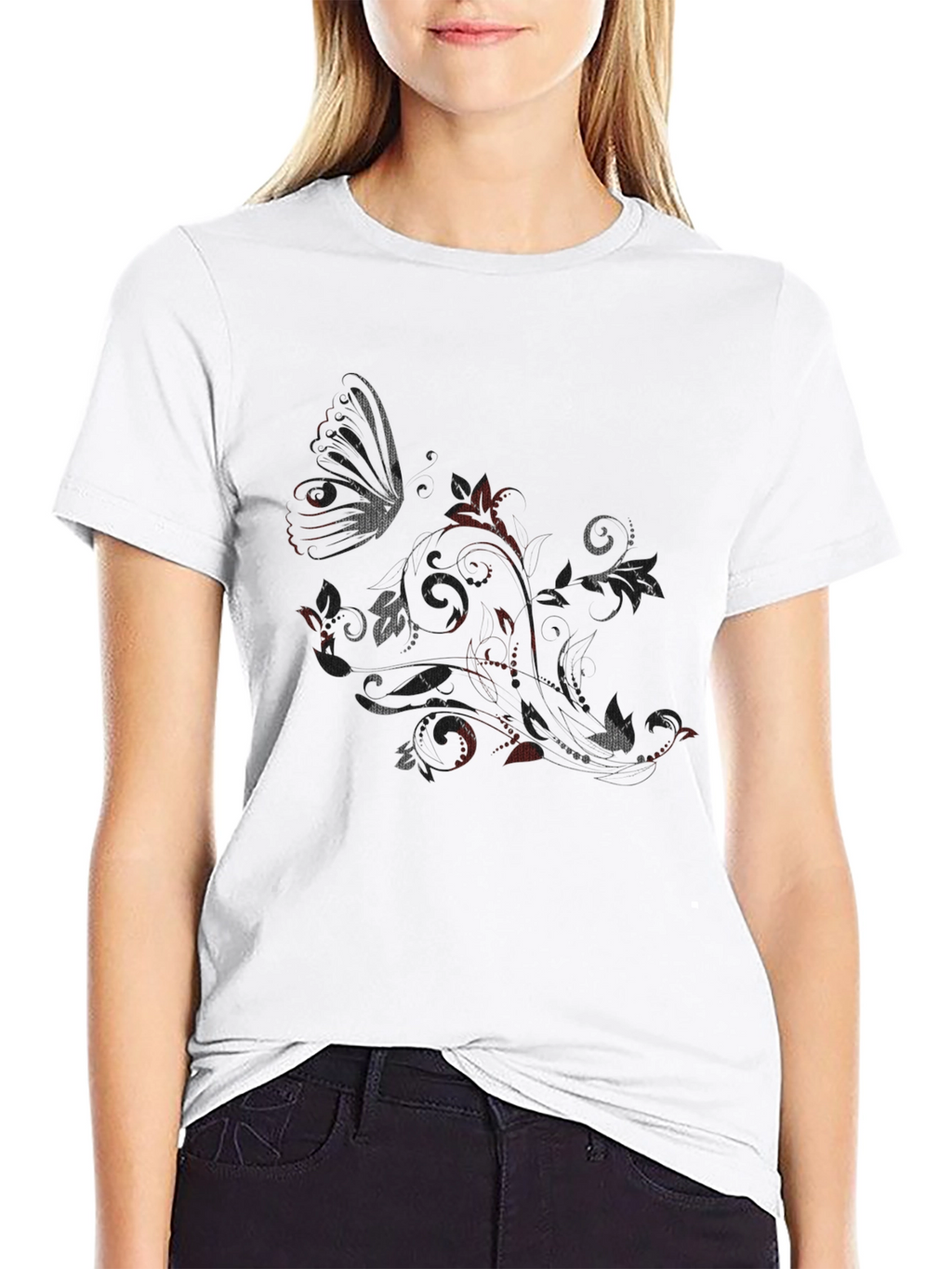 Butterfly Floral Graphic Black T-Shirt