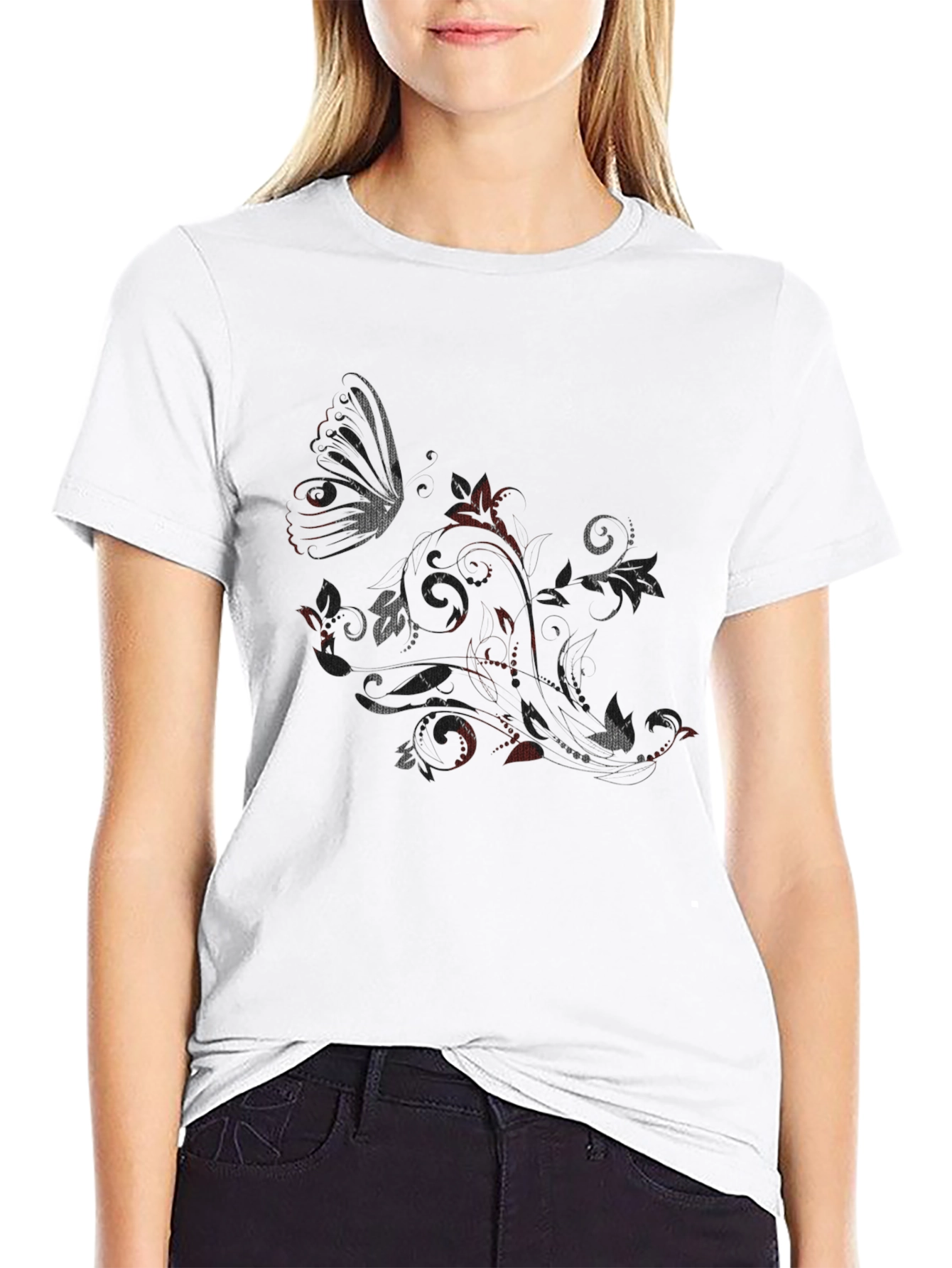 Butterfly Floral Graphic Black T-Shirt