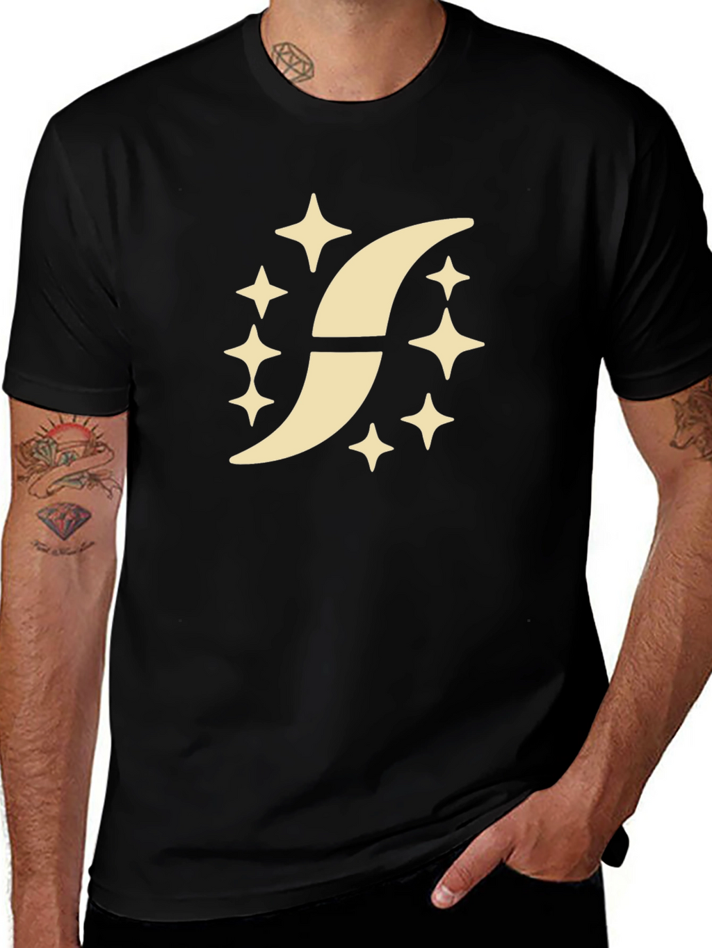 Stylish Black T-Shirt with Crescent Moon Star Design