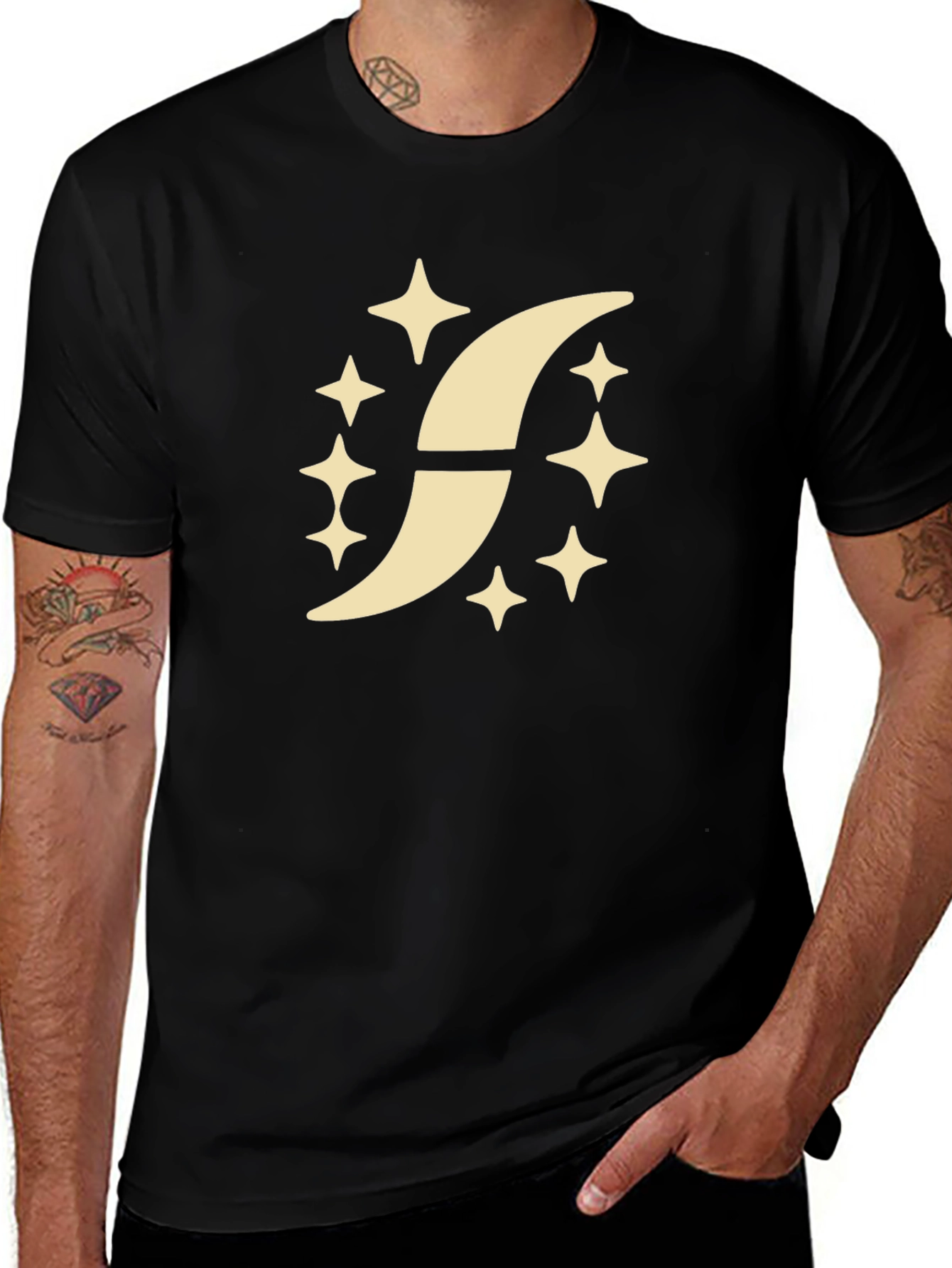 Stylish Black T-Shirt with Crescent Moon Star Design