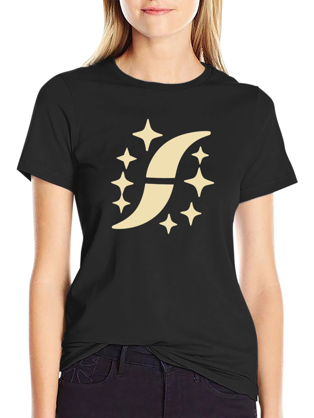Stylish Black T-Shirt with Crescent Moon Star Design