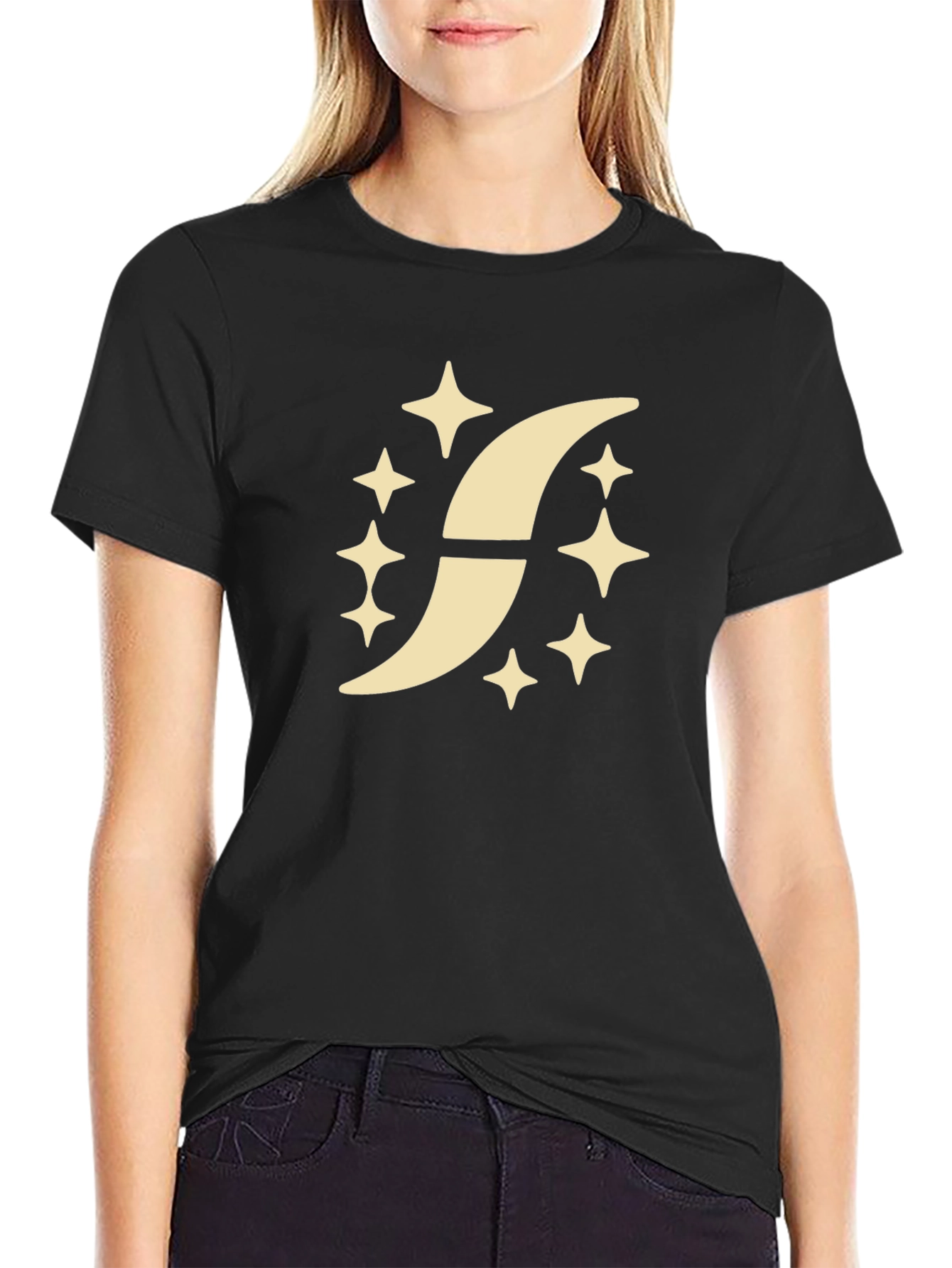 Stylish Black T-Shirt with Crescent Moon Star Design