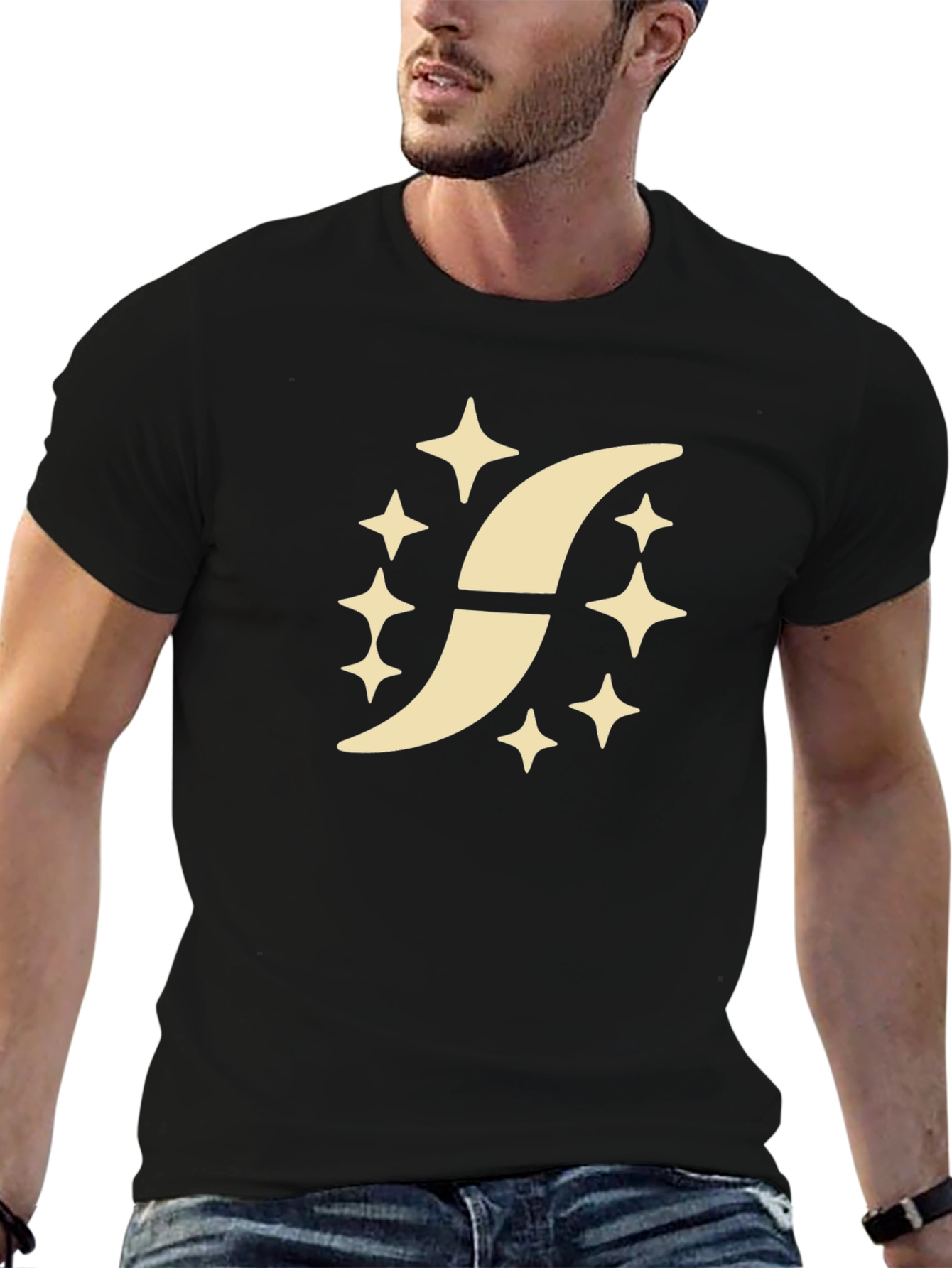 Stylish Black T-Shirt with Crescent Moon Star Design