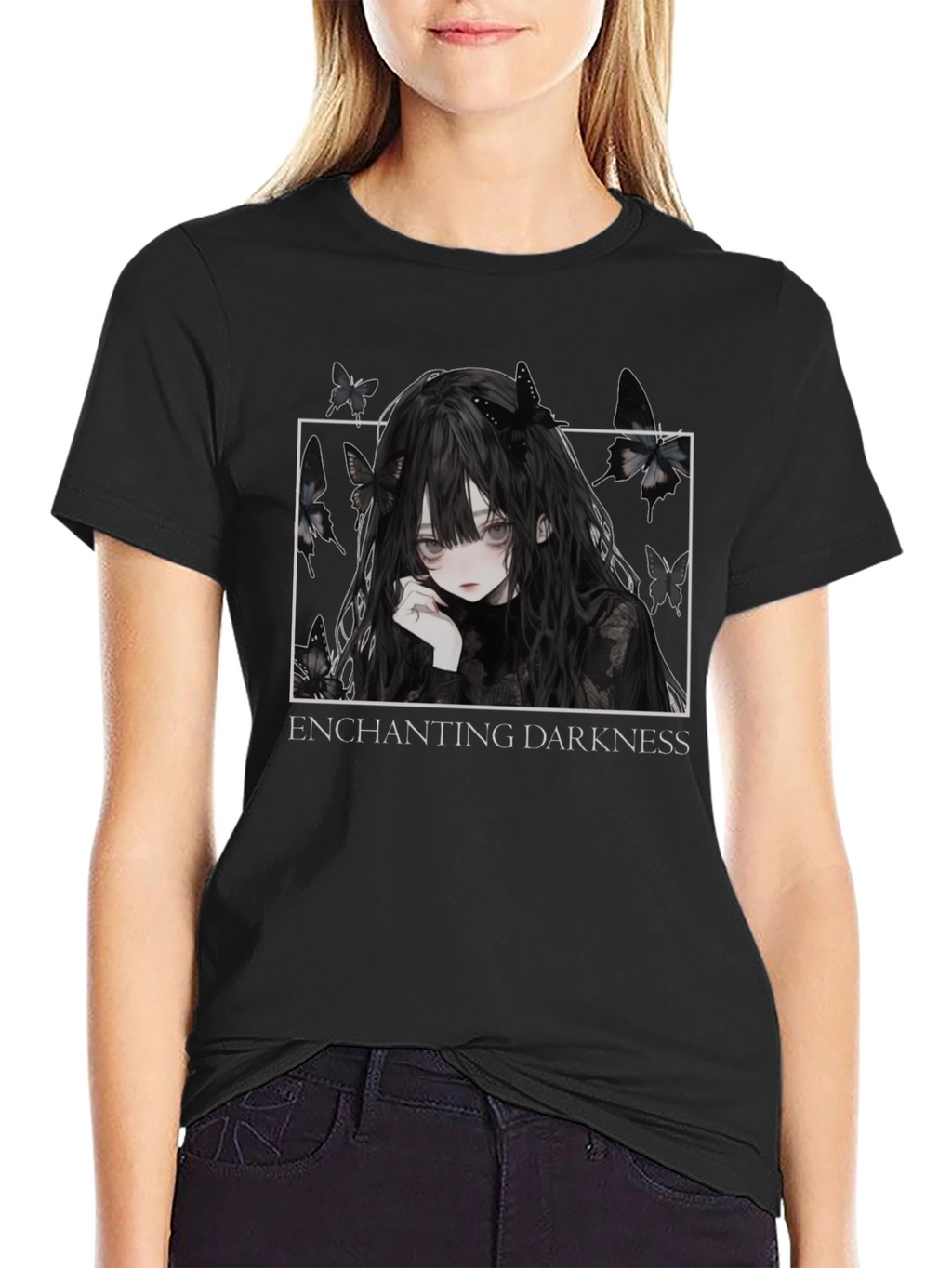 Enchanting Darkness Anime Girl Graphic Tee - Black