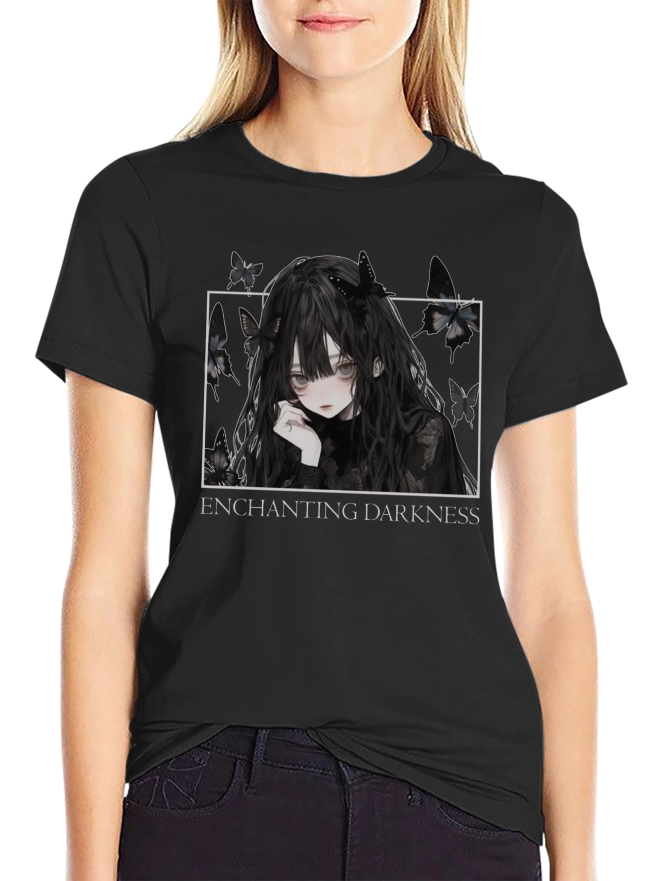 Enchanting Darkness Anime Girl Graphic Tee - Black