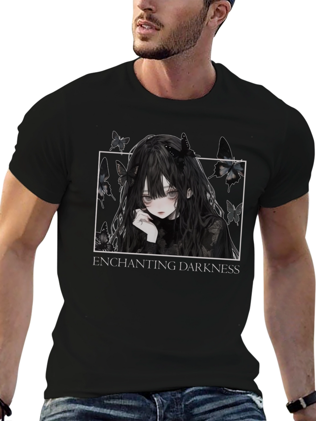 Enchanting Darkness Anime Girl Graphic Tee - Black