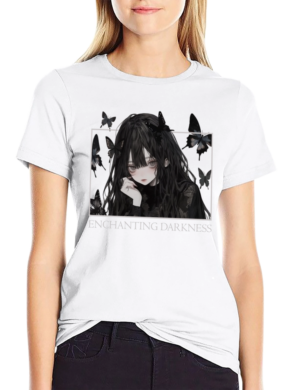 Enchanting Darkness Anime Girl Graphic Tee - Black
