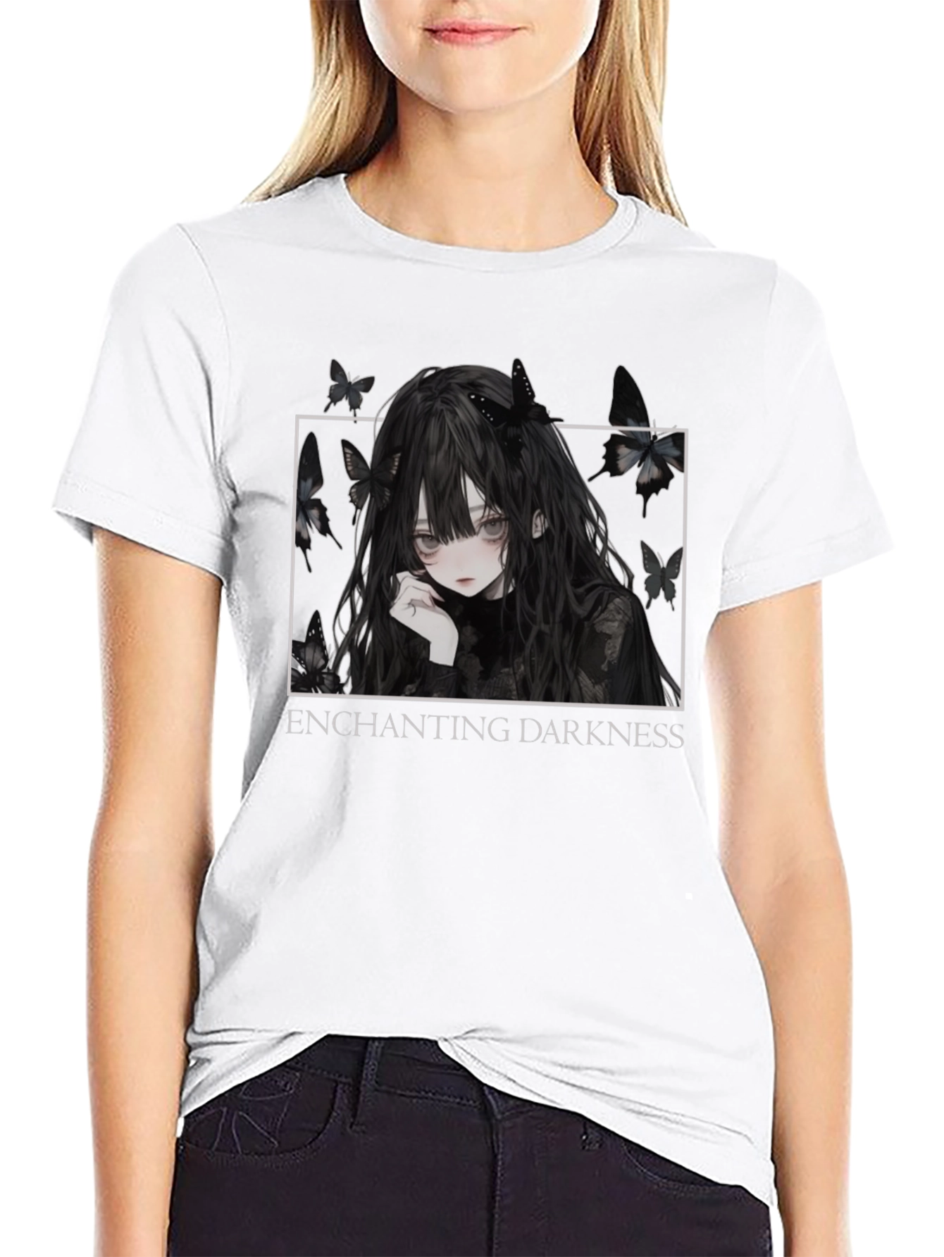 Enchanting Darkness Anime Girl Graphic Tee - Black