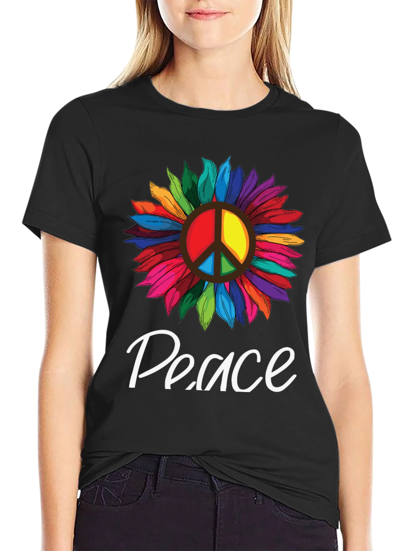Peace Sunflower Graphic T-Shirt -  Unisex Black Tee