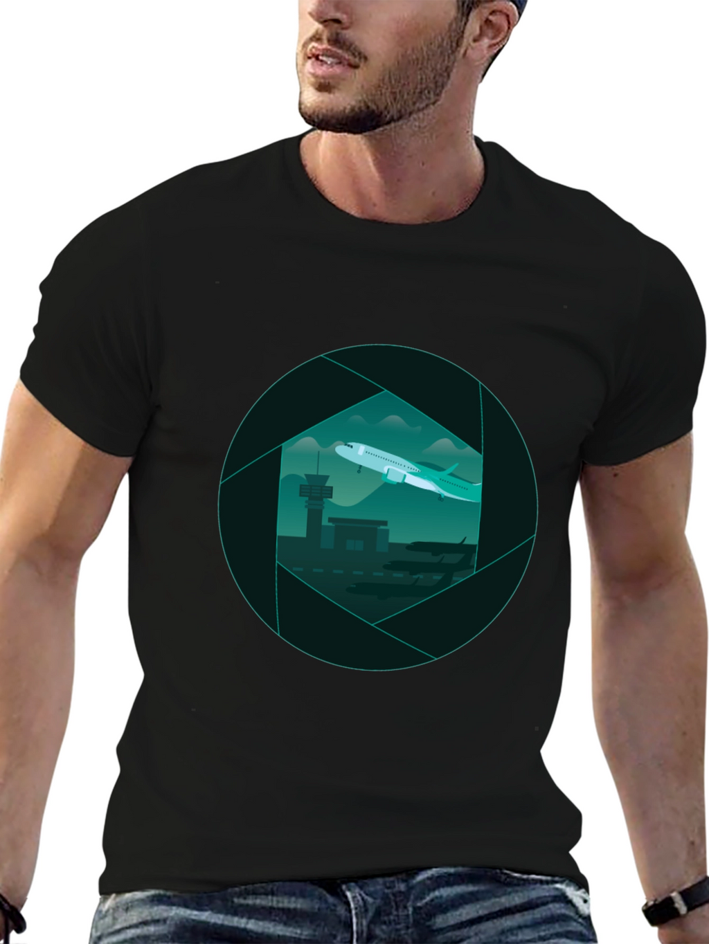 Airport View Graphic Tee - Black Cotton T-Shirt