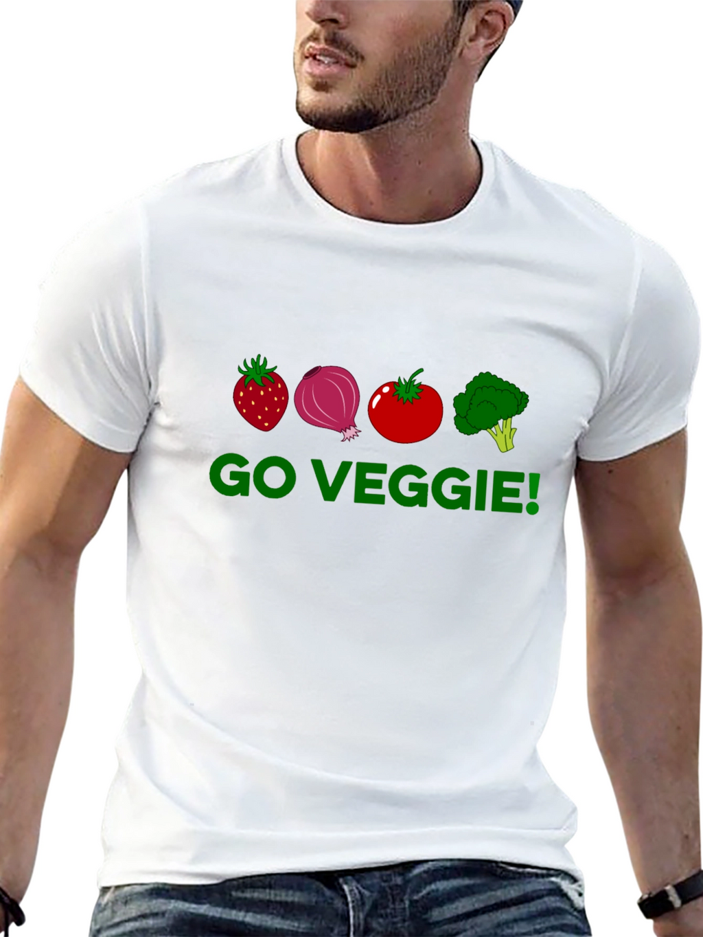 Go Veggie T-Shirt - Strawberry Onion Tomato Broccoli Design