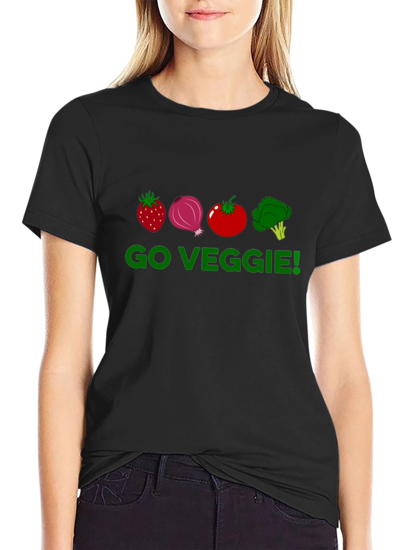 Go Veggie T-Shirt - Strawberry Onion Tomato Broccoli Design
