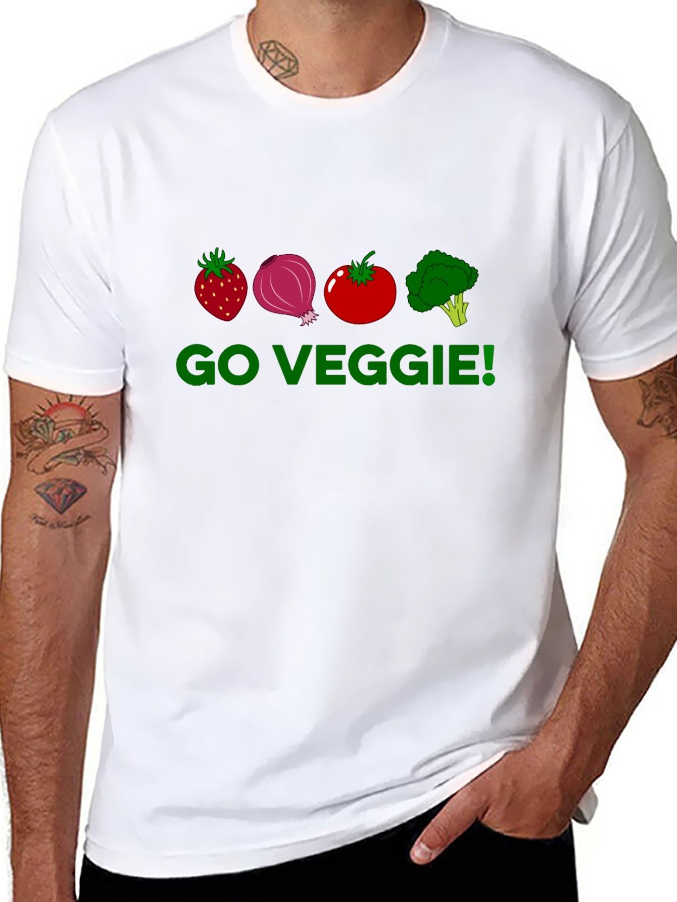 Go Veggie T-Shirt - Strawberry Onion Tomato Broccoli Design