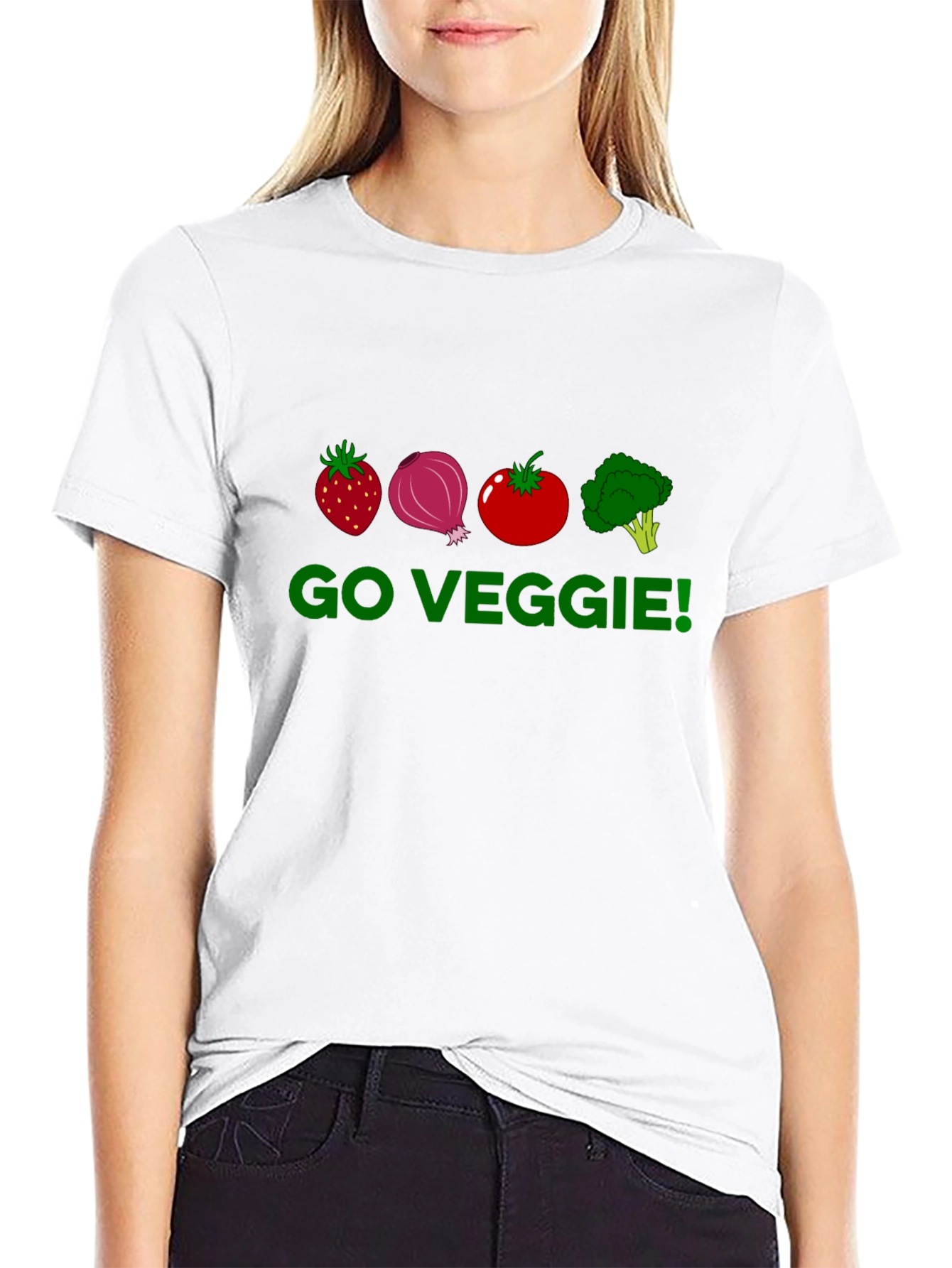 Go Veggie T-Shirt - Strawberry Onion Tomato Broccoli Design