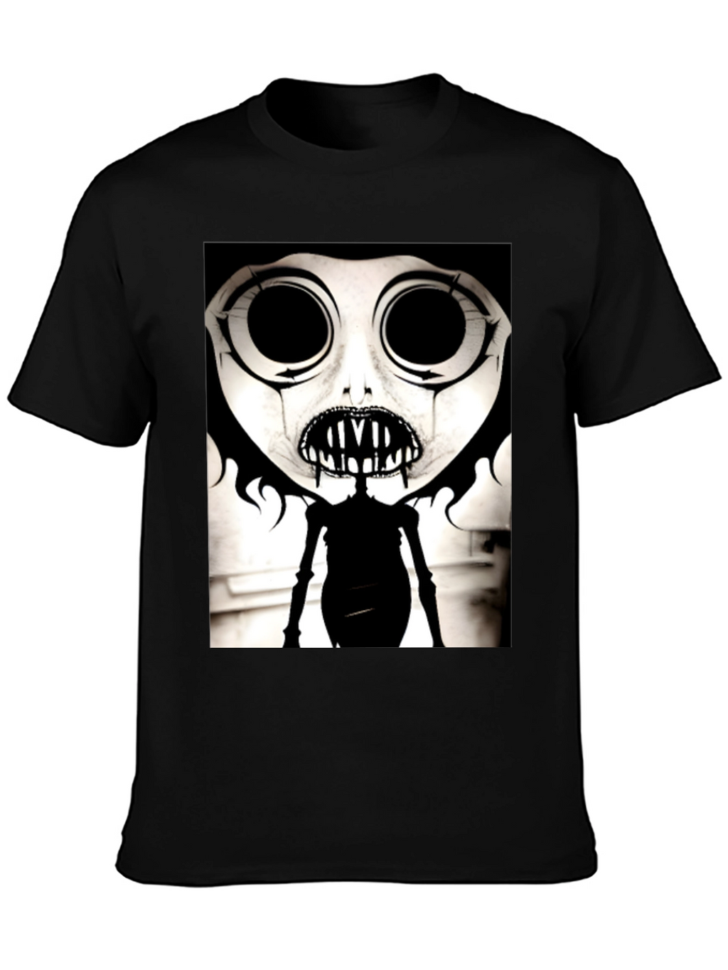 Creepy Cartoon Character Graphic Tee - Black