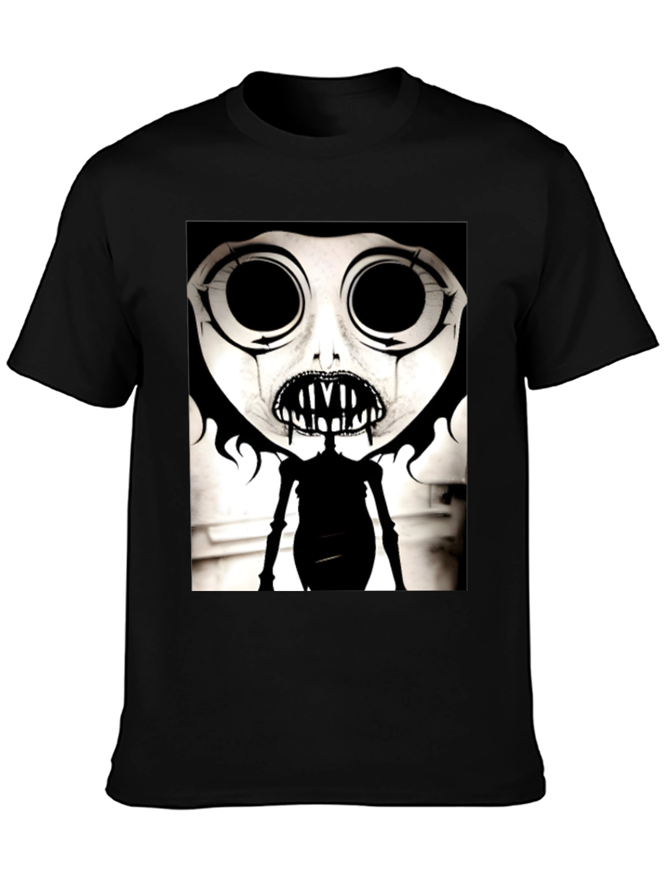 Creepy Cartoon Character Graphic Tee - Black