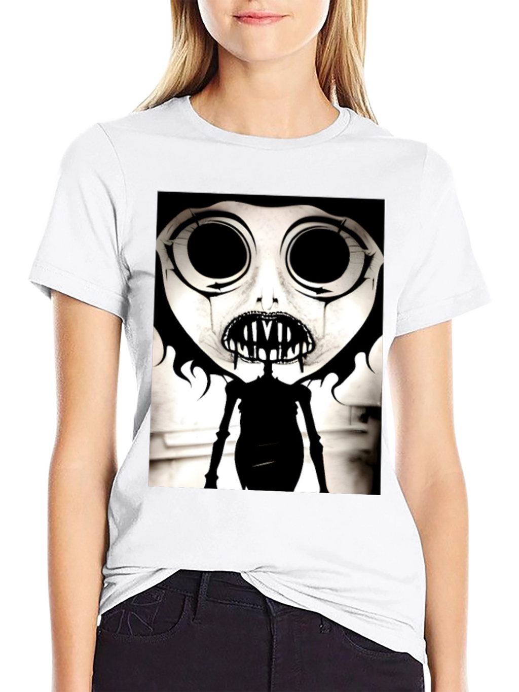 Creepy Cartoon Character Graphic Tee - Black