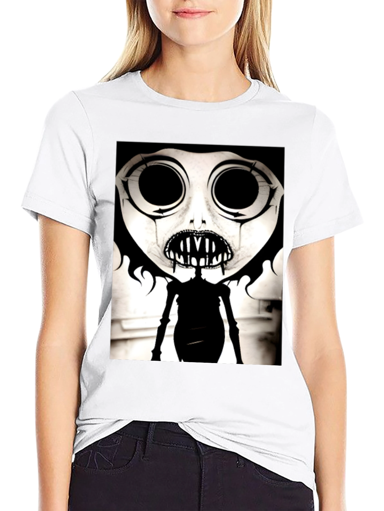 Creepy Cartoon Character Graphic Tee - Black