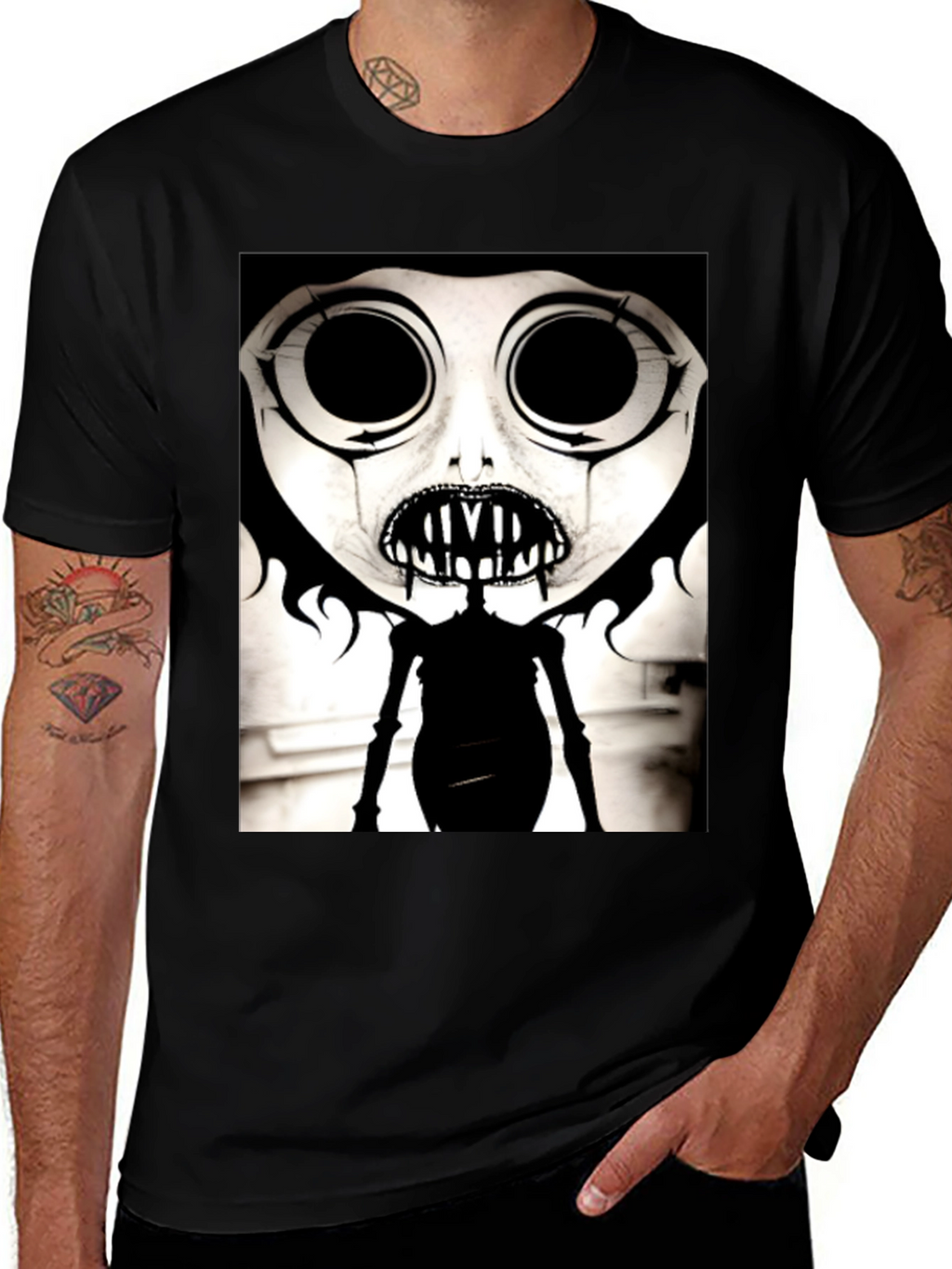 Creepy Cartoon Character Graphic Tee - Black