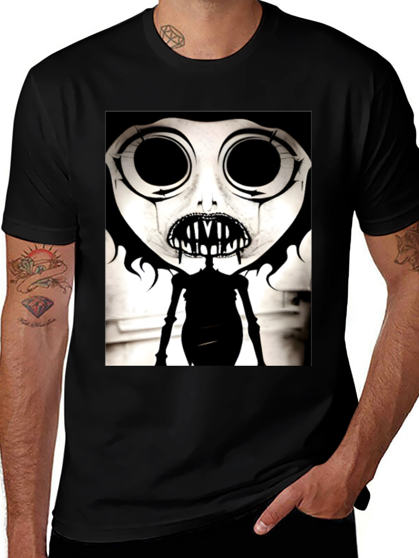 Creepy Cartoon Character Graphic Tee - Black