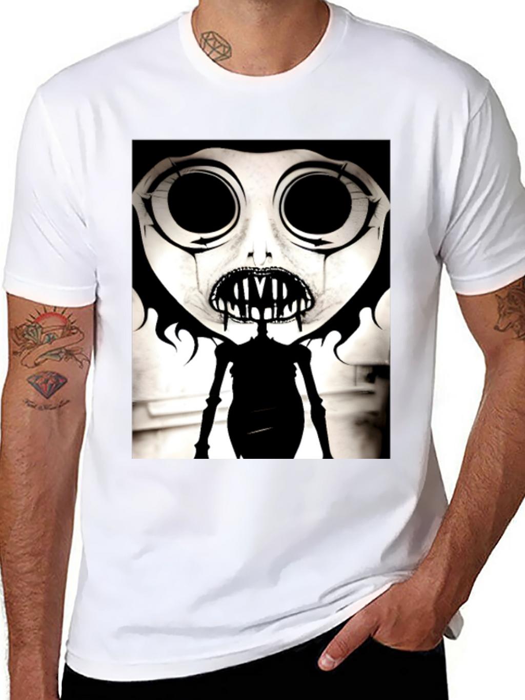 Creepy Cartoon Character Graphic Tee - Black
