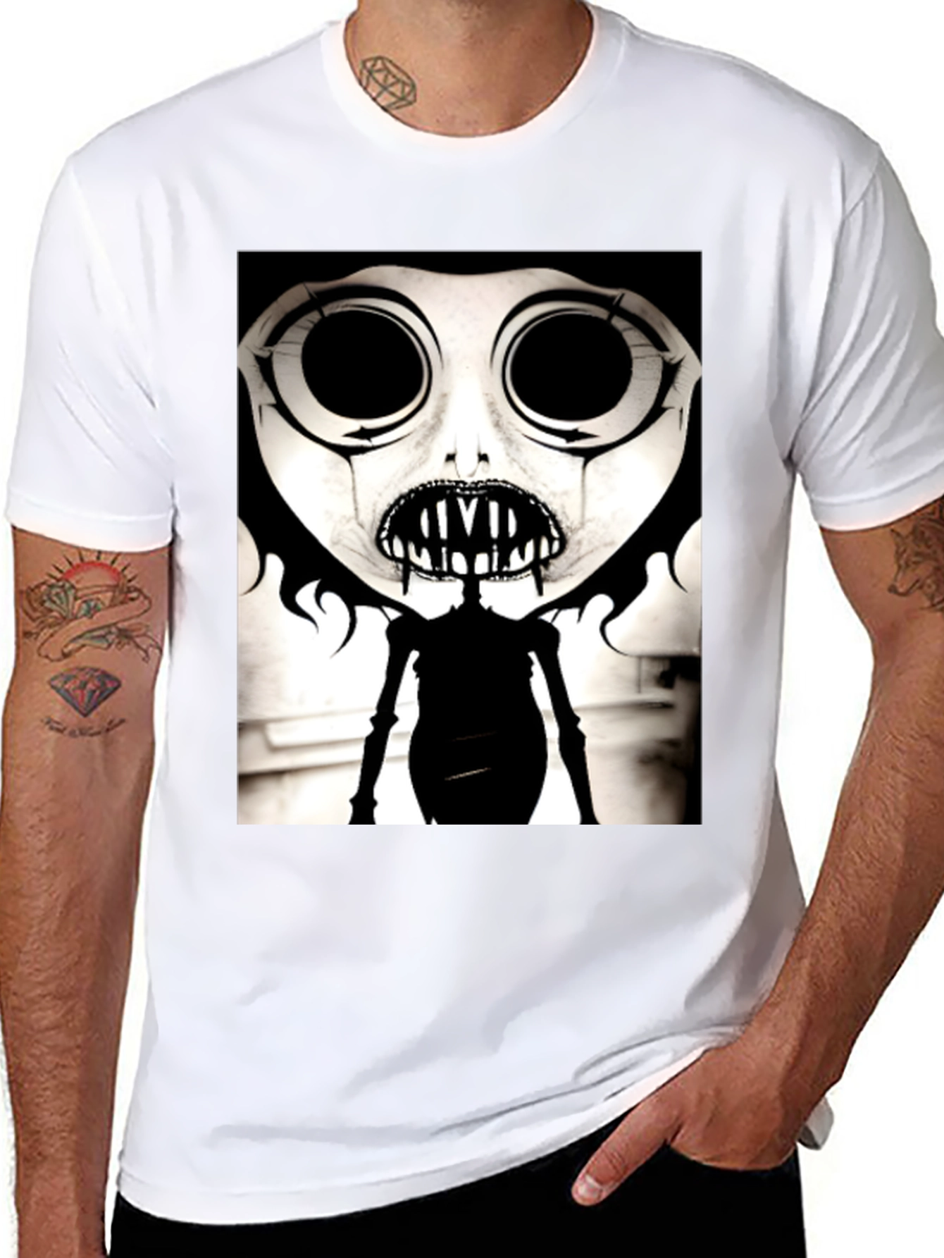 Creepy Cartoon Character Graphic Tee - Black