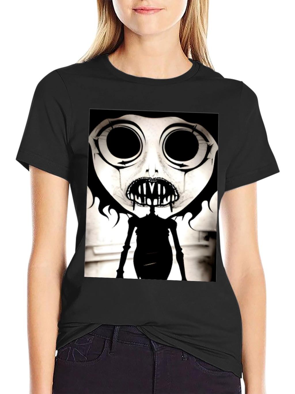 Creepy Cartoon Character Graphic Tee - Black