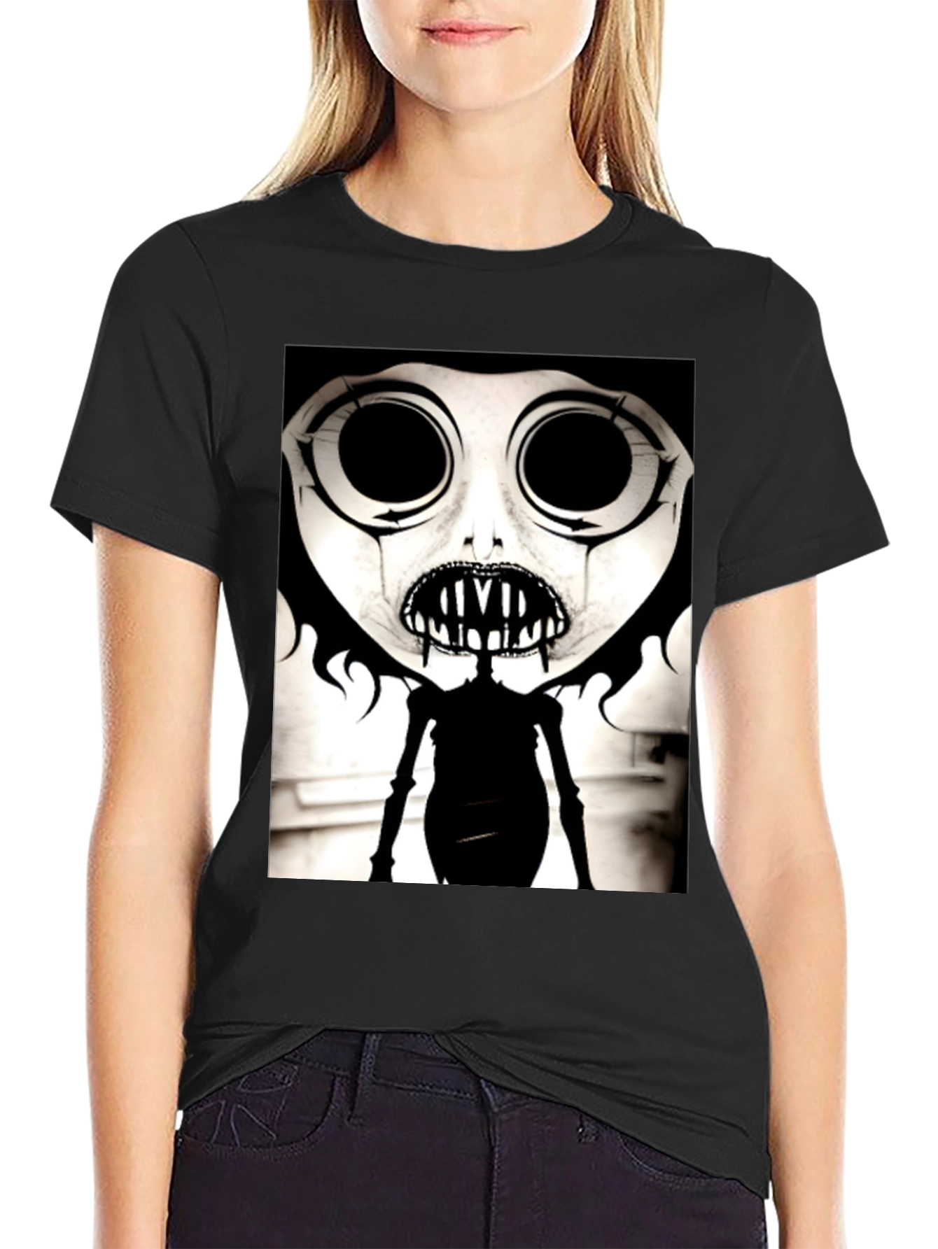 Creepy Cartoon Character Graphic Tee - Black