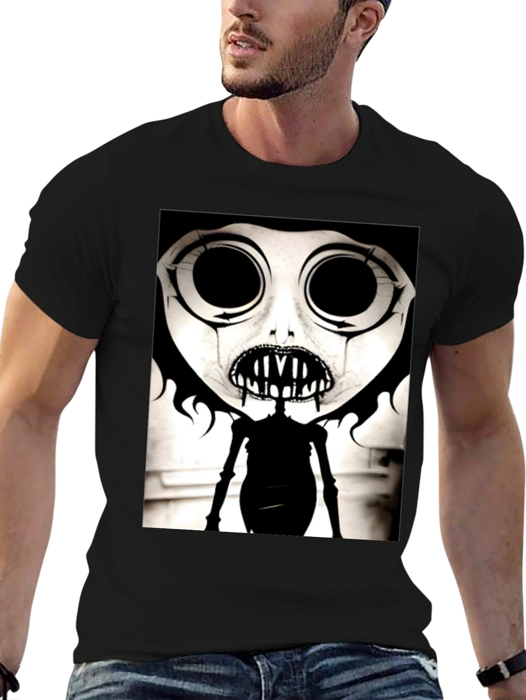 Creepy Cartoon Character Graphic Tee - Black